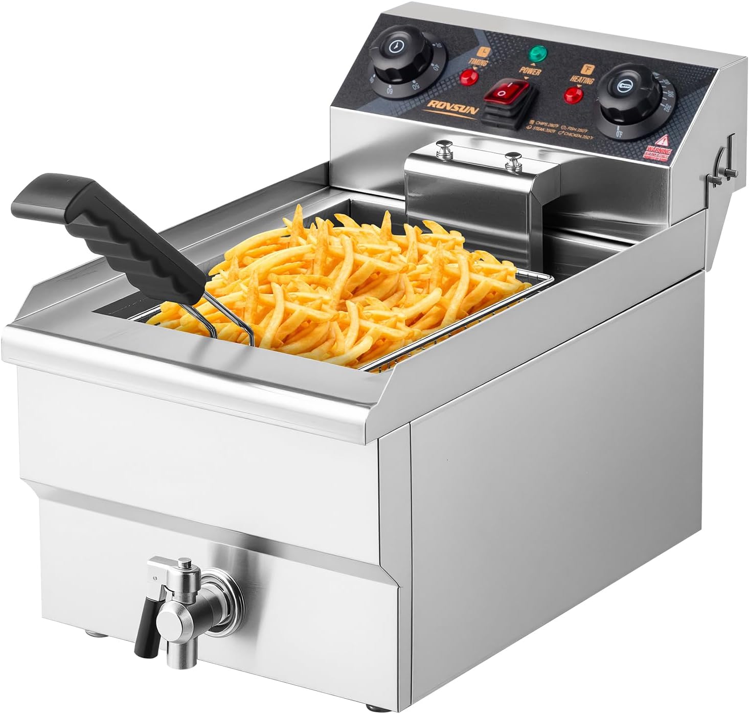 ROVSUN 12.5QT Electric Deep Fryer w/Frying Basket, Timer, Drain, & Lid, Stainless Steel Commercial Countertop Single Tank Oil Fryer, Adjustable Temperature, for French Fries Onion Rings, 1700W