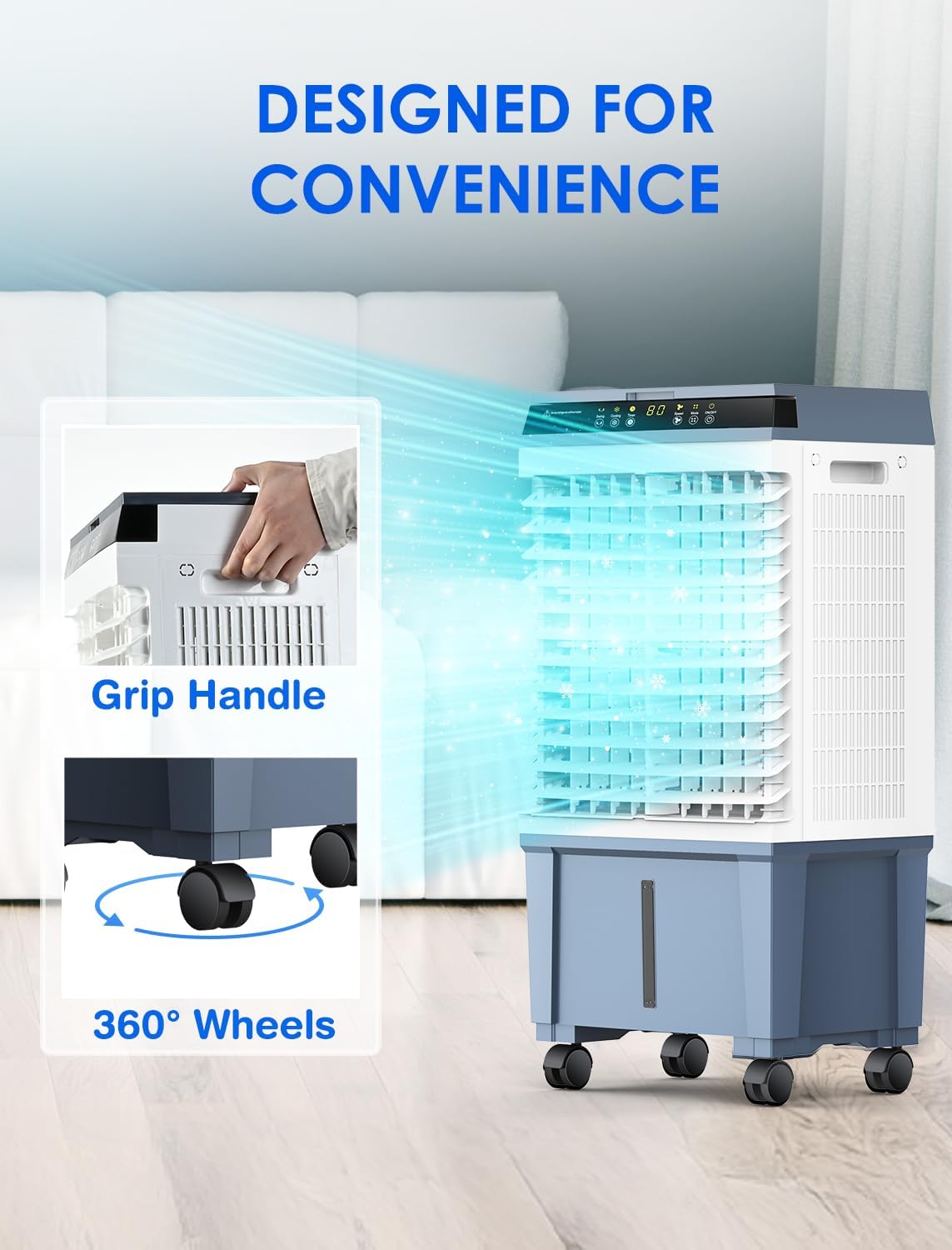 Air Choice Swamp Cooler, 1800 CFM Portable Evaporative Air Cooler with 6 Ice Box & 5.3 Gal Water Tank, 110° Swing, 3 Speeds, Upgraded Remote, 12H Timer, 3-in-1 Air Cooling Fan for Outdoor Indoor, Blue