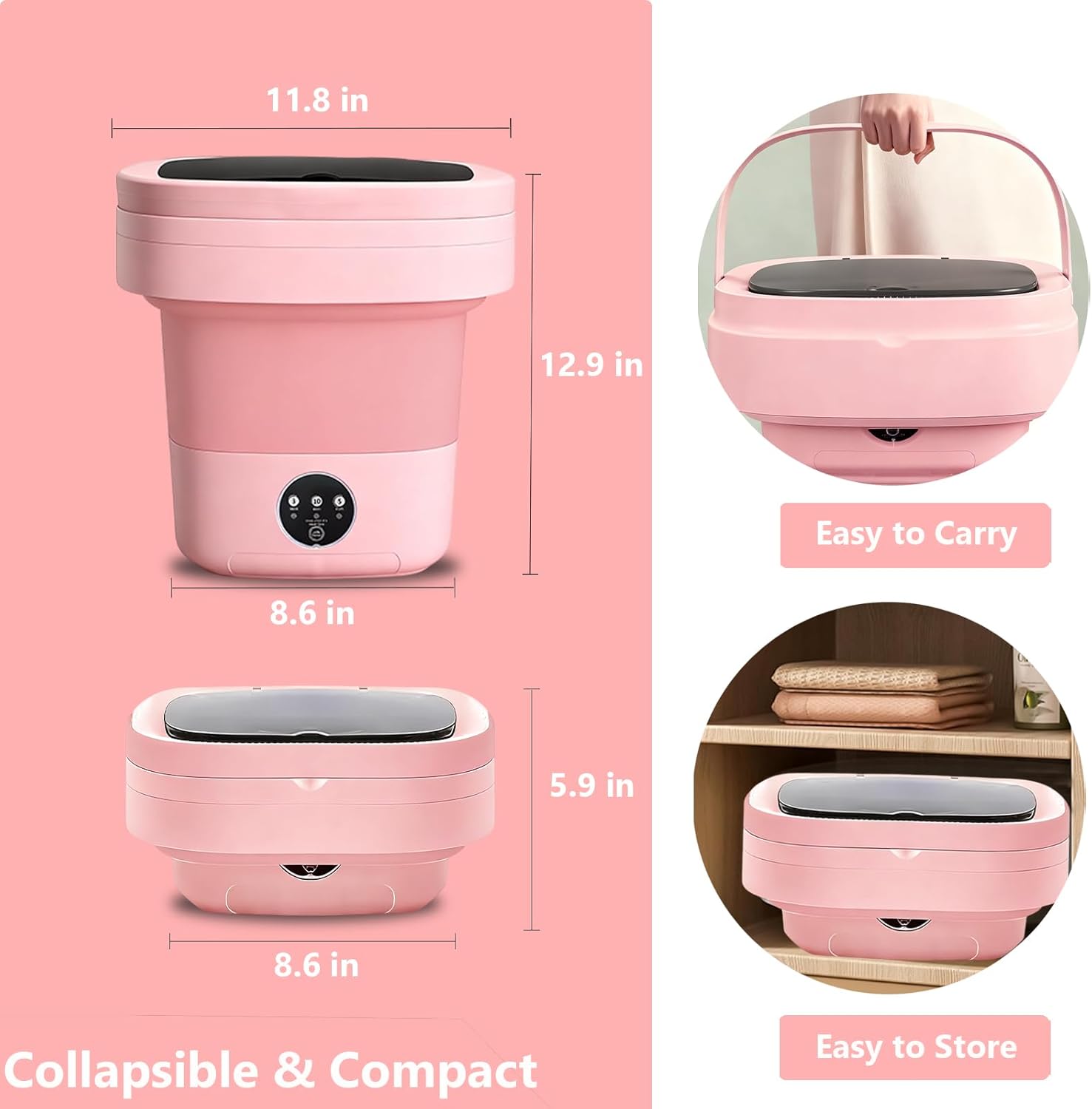 Portable Washing Machine, 15L Mini Collapsible Washer with 3 Cleaning Modes for Baby Clothes, Underwear, Small Foldable Laundry for Travel Apartment Home Dorm Hotel Camping (Pink)