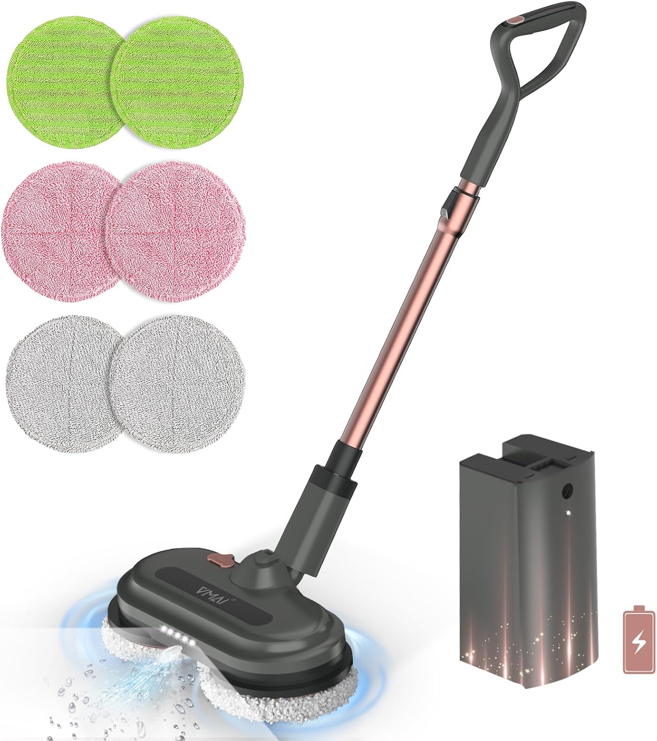 VMAI Cordless Electric Mop, Electric Mops for Floor Cleaning, Spin Mop with LED Headlight, Water Spray, Cordless Mop Up to 60 mins Detachable Battery, Floor Scrubber for Hardwood Floors
