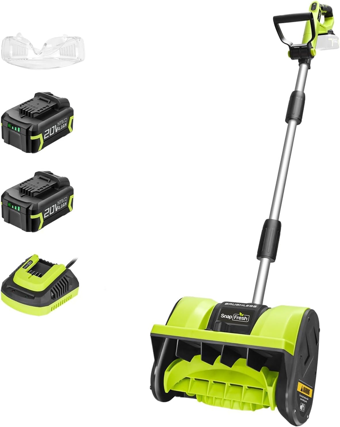SnapFresh 20V Brushless Snow Shovel, 12” Cordless Electric Snow Thrower Kit for 5-Car Driveway, Lightweight, 3-Speed, Adjustable Handle, 300 lbs/Min – Includes 2×4.0Ah Batteries & Fast Charger