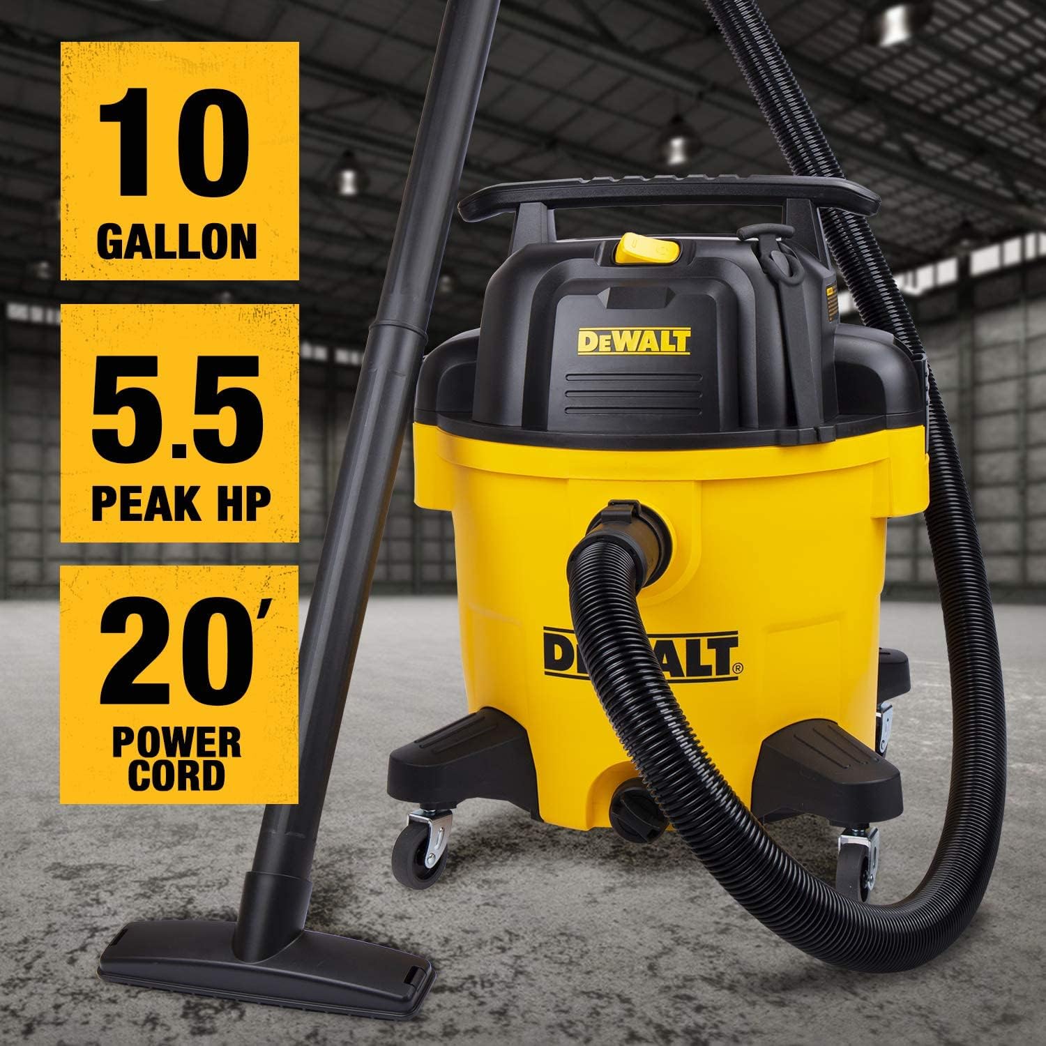 DEWALT 10 Gallon Shop Vacuum Wet and Dry, 5.5 Peak HP Poly Wet Dry Vacuum Cleaner with Attachments, 2-Stage Motor, Portable Handle/Caster with Drain Blower, DXV10PZ for Car, Garage, Workshop, Pet Hair