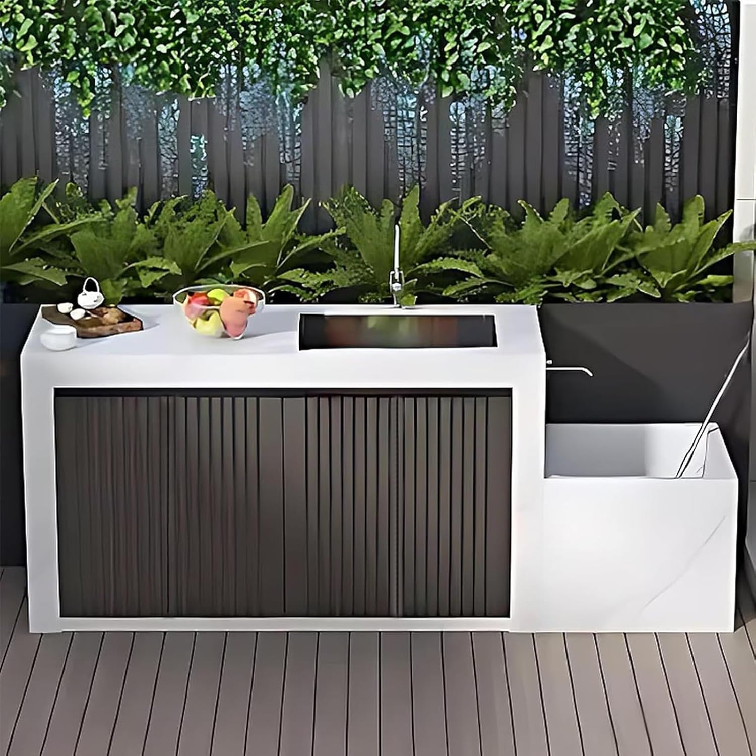 Outdoor Kitchen Cabinet with Gray Aluminum Stripe Panel,Side Mop Pool,Includes White Slate Countertop,Stainless Steel Sink and Ample Storage Space for Garden and Balcony