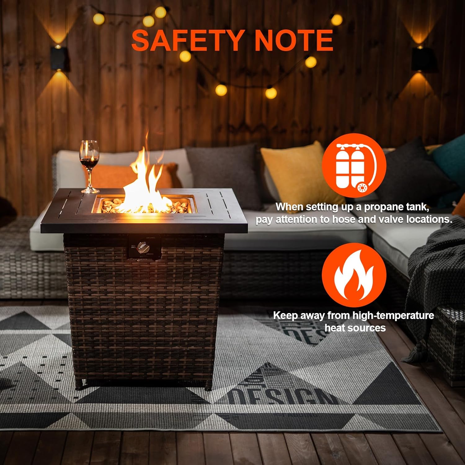 28inch Wicker Square Fire Pit Table, 40,000 BTU Outdoor Wicker Patio Propane Firepit Steel Tabletop, Brown