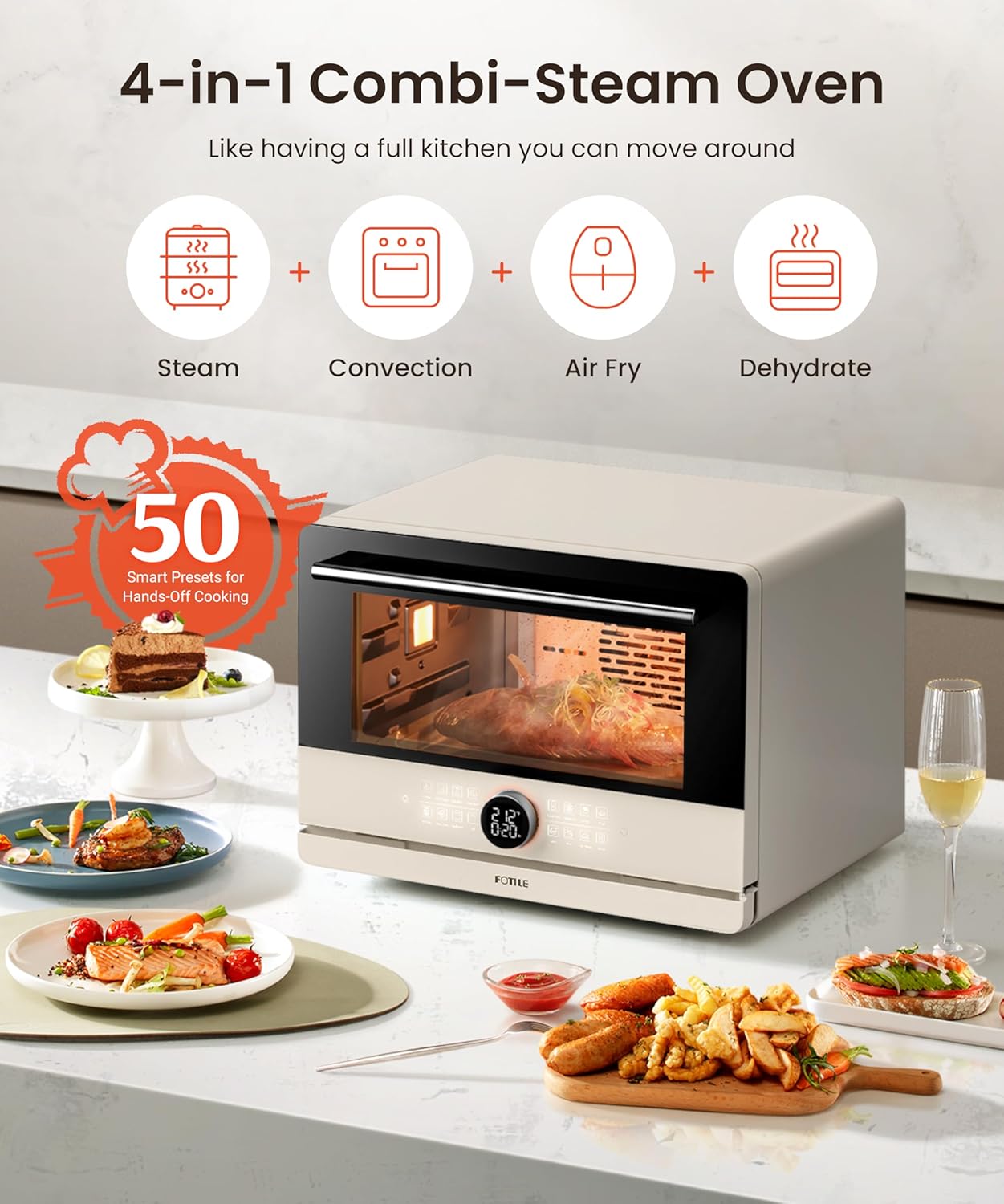 FOTILE HYZK32-E3-E ChefCubii 1.1 cu. ft. 4-in-1 Combi-Steam Oven with Steam-Bake, Air Fry, Convection, Dehydrator Functions, and 50 Preset Menus, Beige