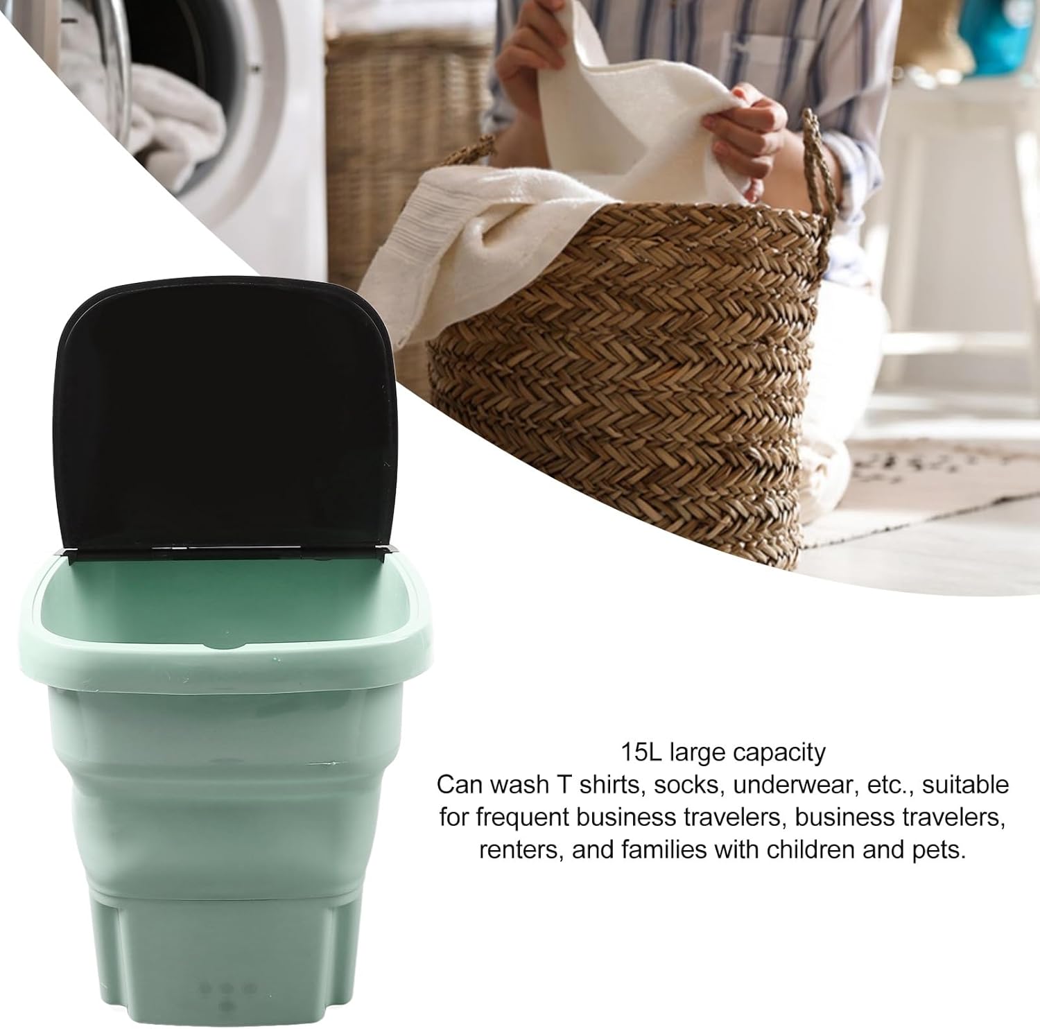 Portable Washing Machine, 15L Large Capacity Mini Laundry Machine, Foldable Design, Simple for Underwear, T Shirts, Socks, and More (Green)