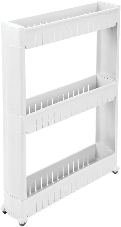 mDesign Slim Plastic Rolling Laundry Utility Cart, Portable Storage Organizer Trolley - Easy-Glide Wheels and 3 Heavy-Duty Shelves, for Laundry, Utility Room, Kitchen or Pantry Storage - White