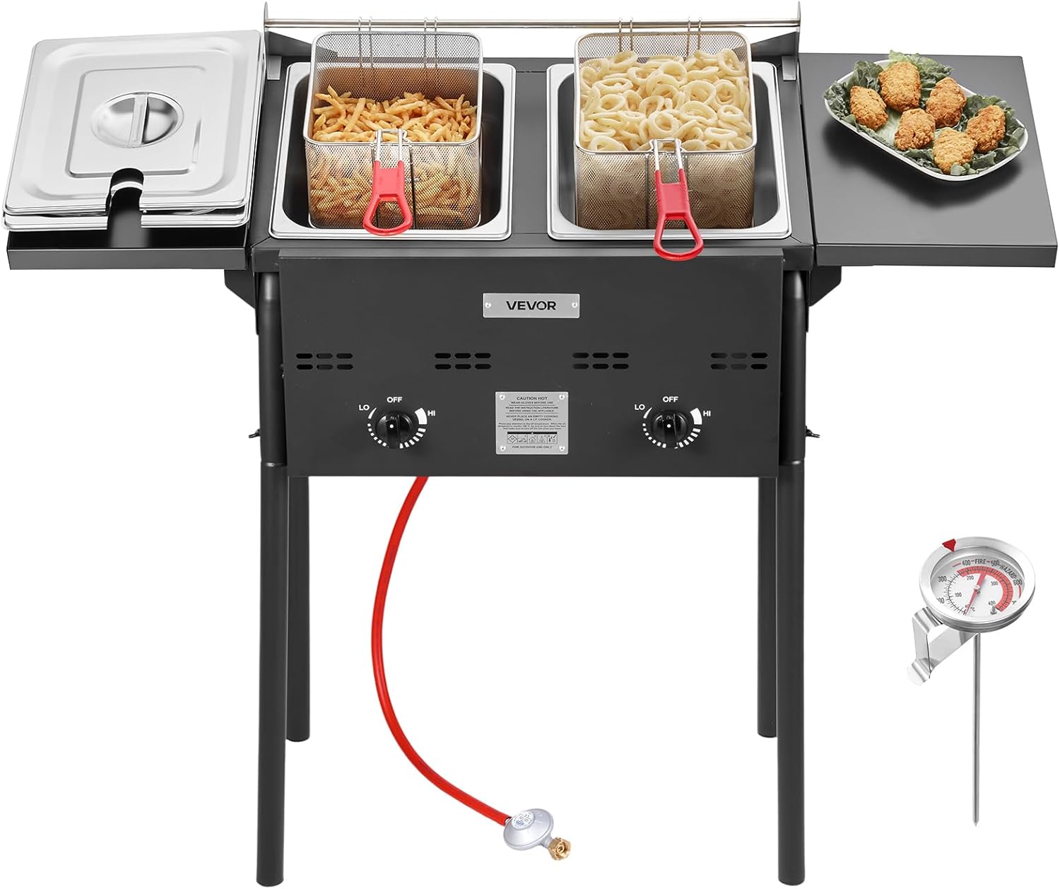 VEVOR Outdoor Propane Deep Fryer, Double Burners Commercial Fryer, 16 Qt Stainless Steel Cooker with Removable Baskets & Lids & Tanks, Oil Fryer Cart with Thermometer & Regulator, For Outdoor Cooking
