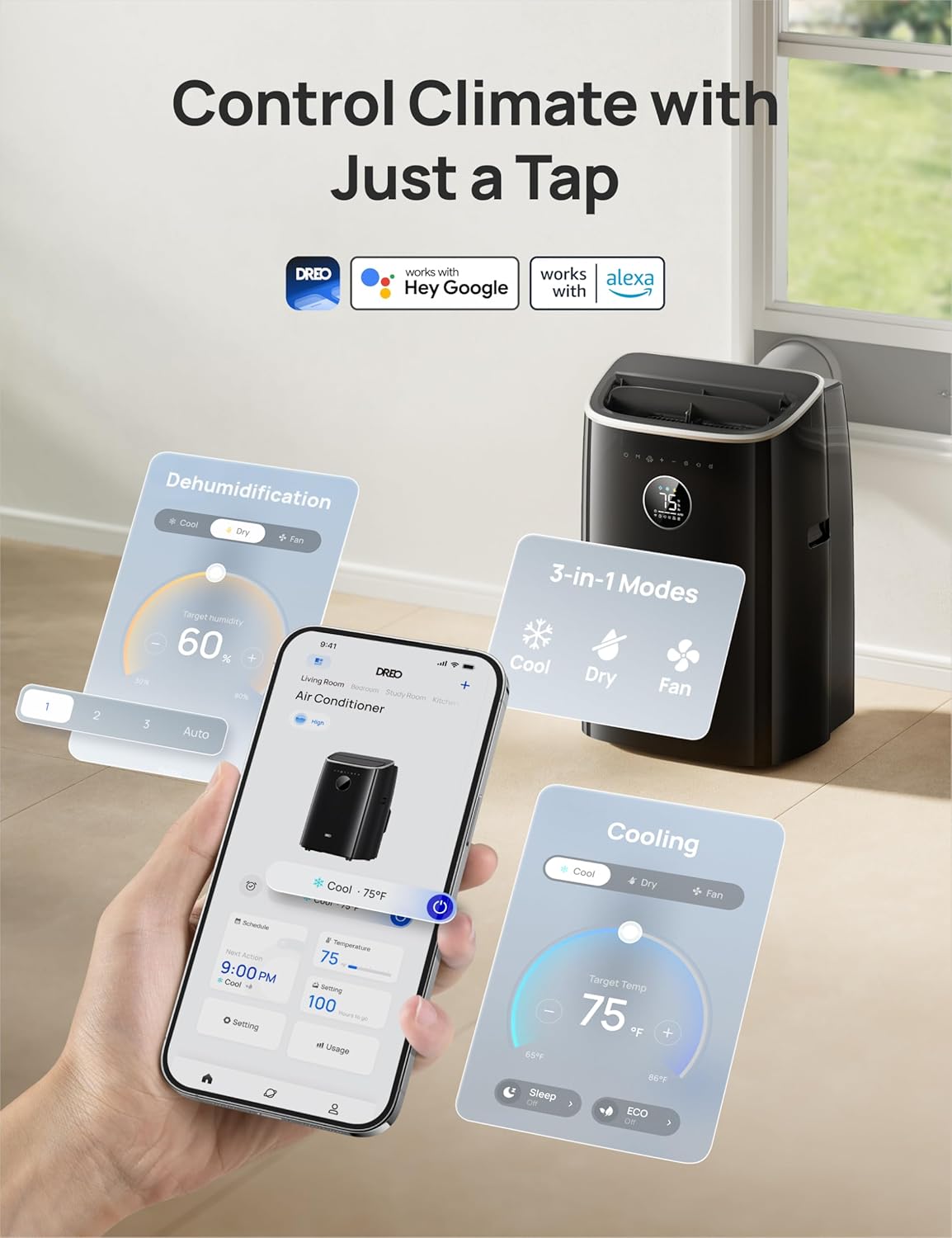 Dreo Portable Air Conditioners, 10,000 BTU Air Conditioner for Bedroom with Drainage-free Cooling, 45dB Quiet, APP/Voice/Remote, 24h Timer with Fan & Dehumidifier, Smart AC Unit for Room Indoors