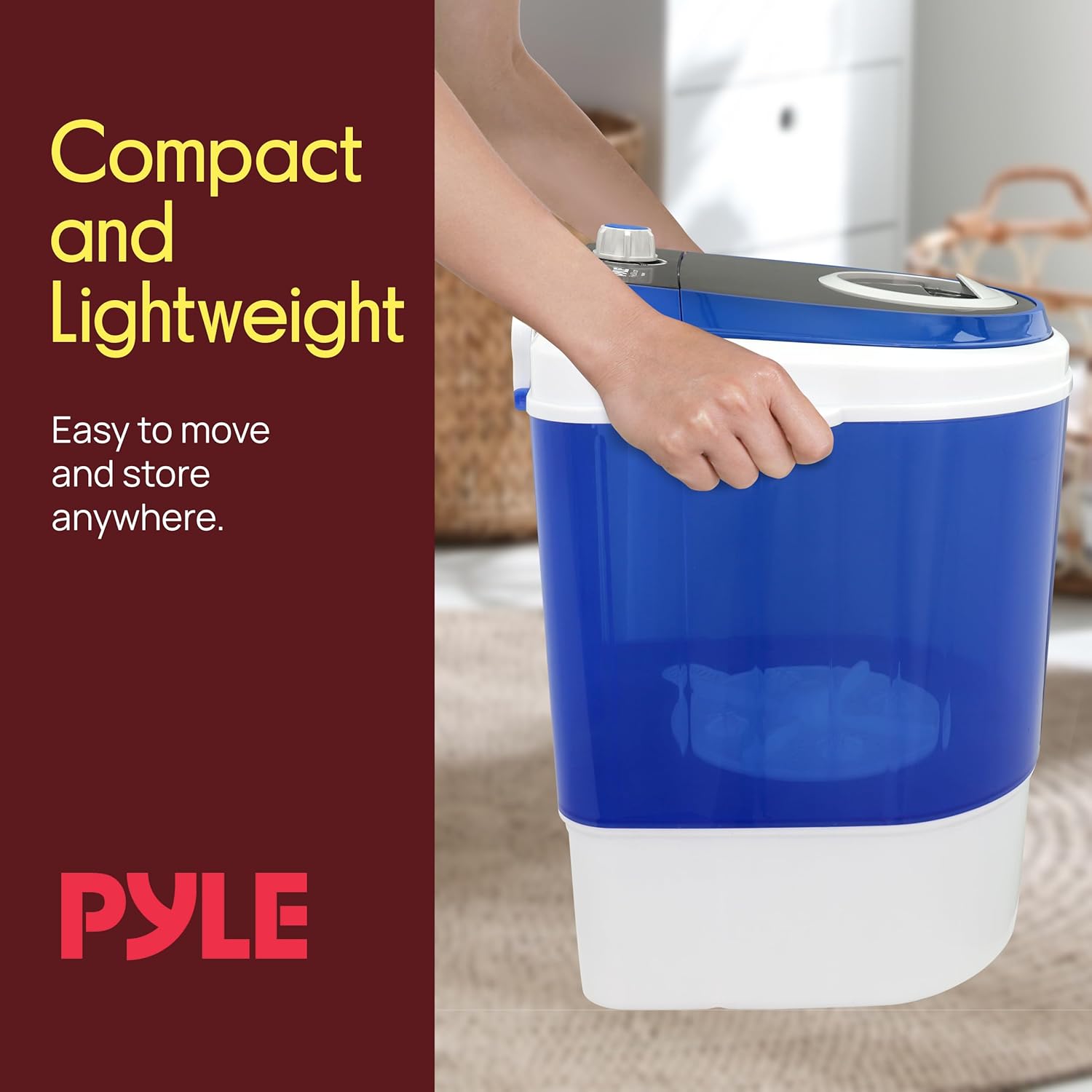 Pyle Upgraded Version Portable Washer - Top Loader Portable Laundry, Mini Washing Machine, Quiet Washer, Rotary Controller, 110V - For Compact Laundry, 4.5 Lbs. Capacity, Translucent Tubs - PUCWM11
