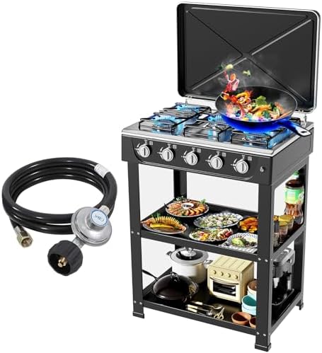 Propane Gas Stove,5 Burner Propane Burner,Auto Ignition Camping Stove with Support Leg Stand and Wind Blocking Cover Adapter, Portable Gas Stove for RV, Outdoor Cooking, Apartment