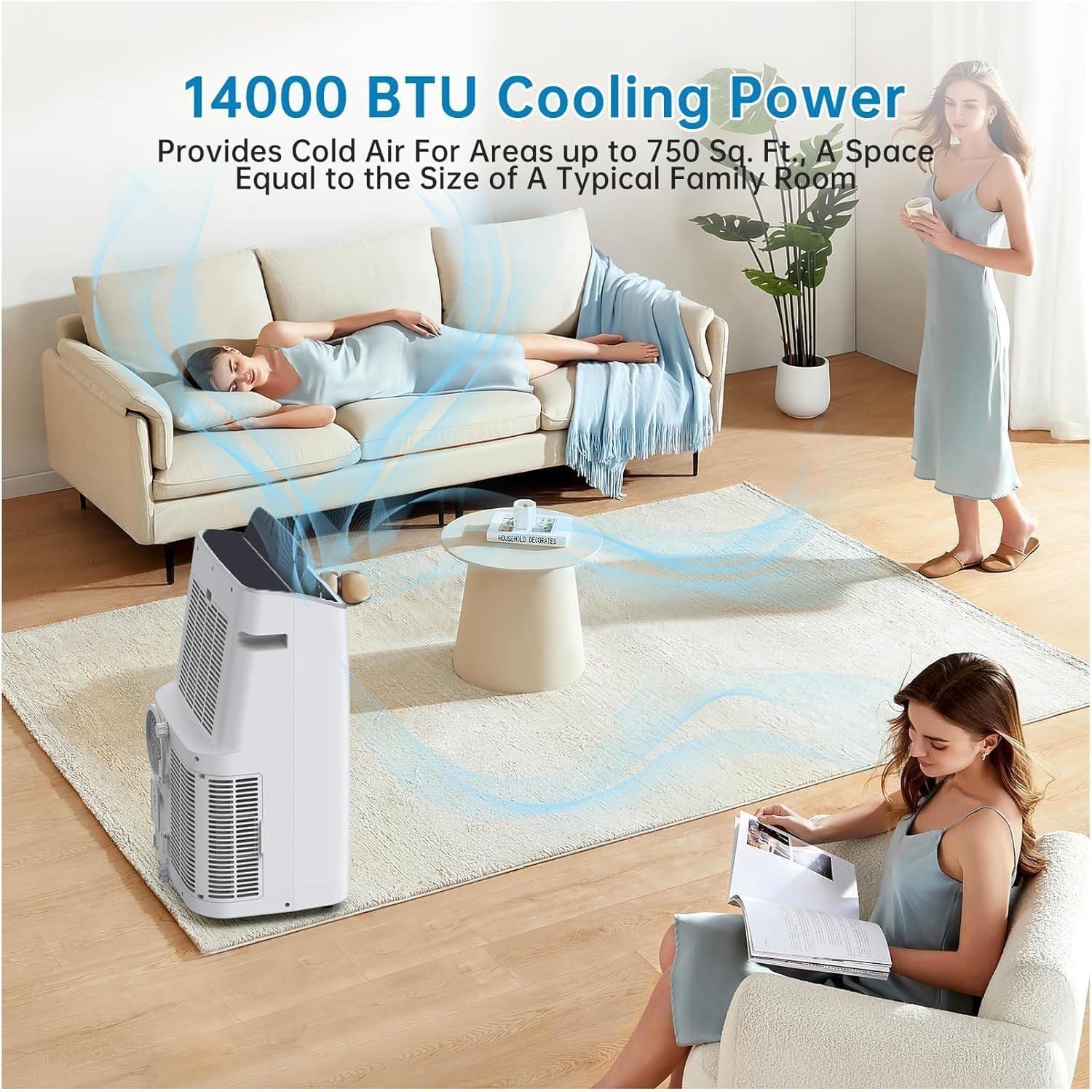 14,000 BTU Portable Air Conditioner, 3-In-1 Free Standing AC With Remote Control, Window Vent Kit, 3 Fan Speeds, 24H Timer, Garage Cooling System, Smart Home Integration