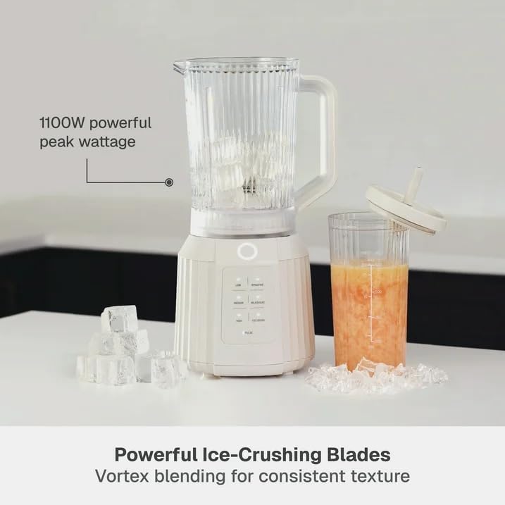 Thymes & Tables Countertop Blender Duo SmartCrush Tech 1100W with 57oz Pitcher & 25oz Cup, Smart Seal Lid, Vortex Blending, Pulse Mode, Dishwasher Safe, Ice Crush, Smoothie Preset (Sand White)