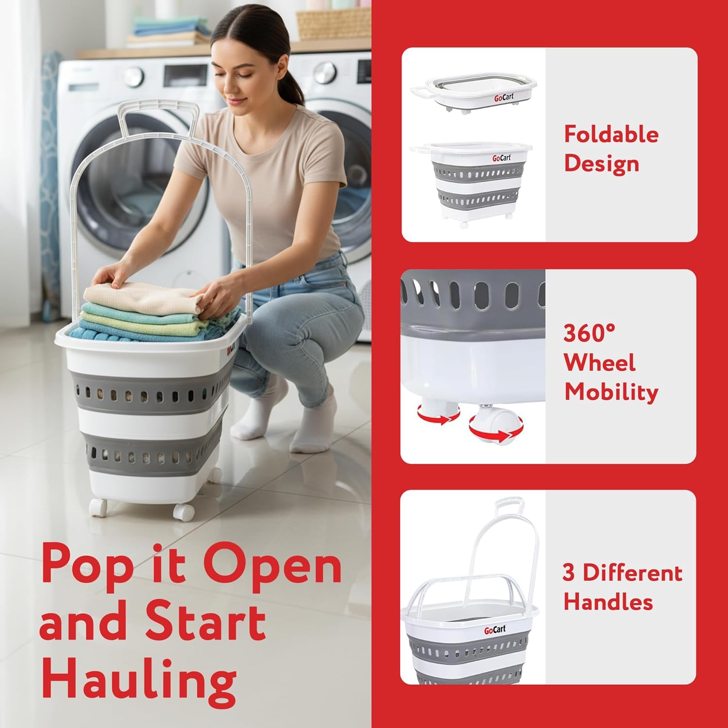 dbest Products Folding Gocart Laundry Basket with Wheels, Multi Use Collapsible Grocery Shopping Cart, White