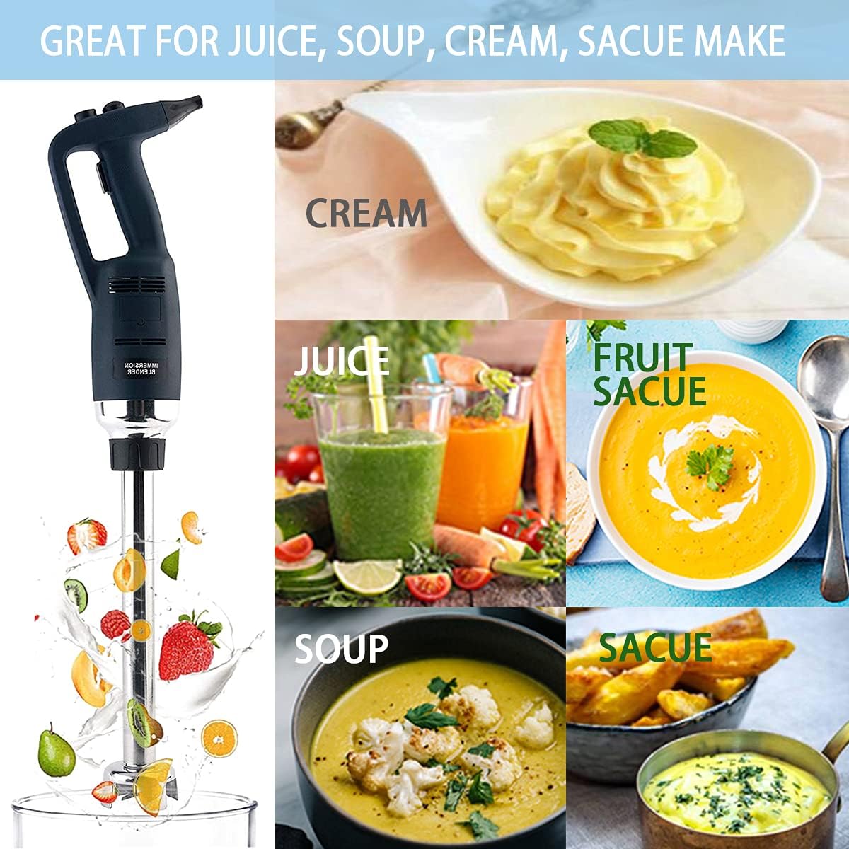 20 in Heavy Duty Immersion Blender for Kitchen Commercial Mixer Electric 500W Detachable Shaft Adjustable Variable Speed Emulsifier Blender Handheld