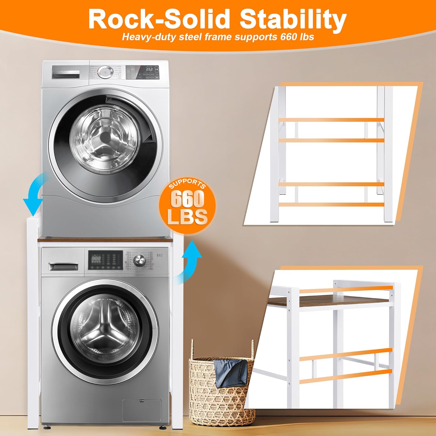 Washer Dryer Stacking Rack, 660lbs Capacity Heavy Duty Washer and Dryer Stacking Stand, 3 Adjustable Height Washing Machine Shelf for Compact Apartment, Laundry Rooms, Bathrooms and RV (White)