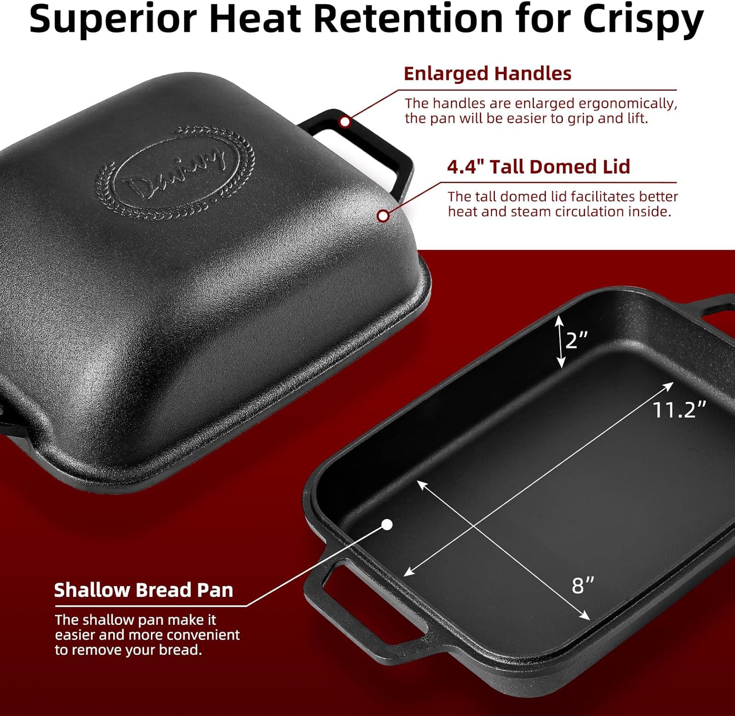 Davivy 9QT Large Cast Iron Bread Loaf Pan with Lid, Pre-Seasoned Dutch Oven for Sourdough Bread Baking, Non-stick Cast Iron Sourdough Baking Pan with Lid