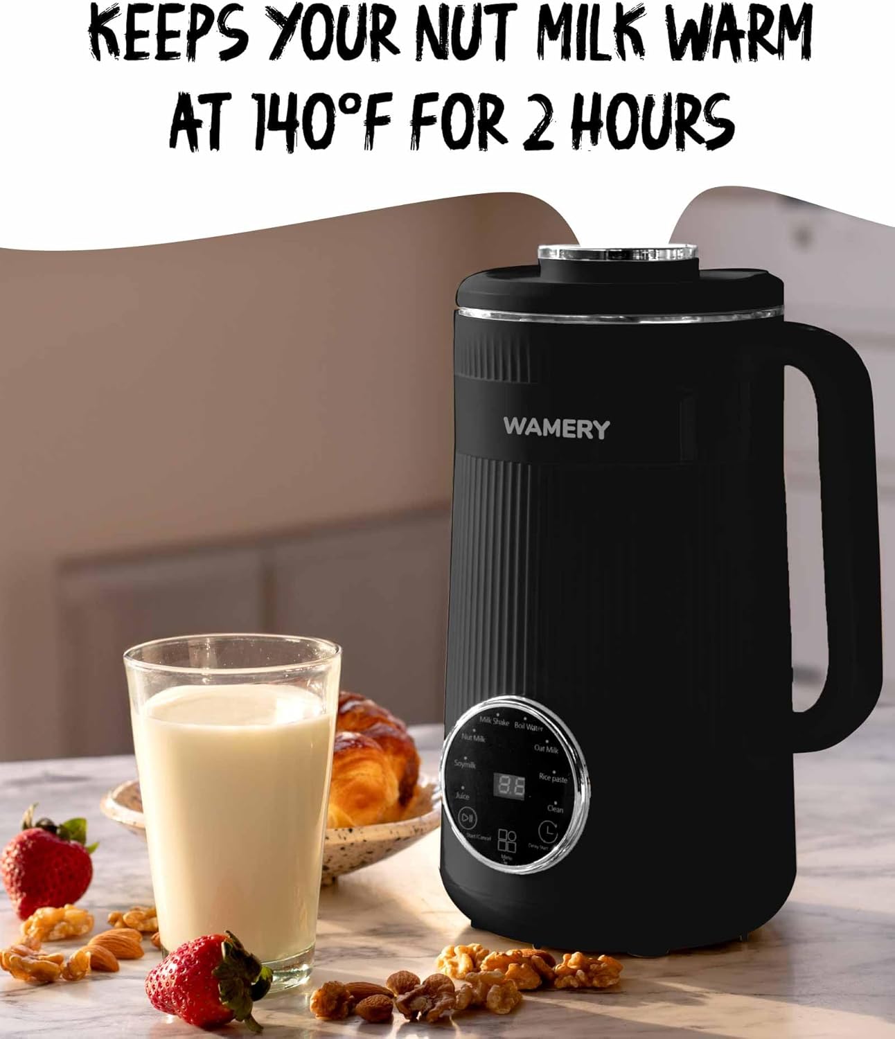 Wamery 32oz Nut Milk Maker Machine (Black) - Soy Milk Maker for Almond & Oat, Automatic Heated Programs, Self‑Cleaning, Delay Start, Keep Warm & Boil Water, 1‑Liter Capacity with Starter Accessories