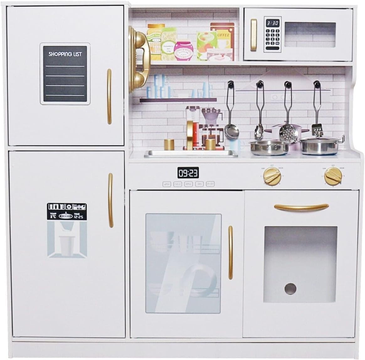 Large Kids Wooden Kitchen Play Set & Kitchen Accessories, Girls Boys Learning Pretend Toys with Utensil Cooking Set Oven, Stove, Microwave - White/Gold Edition