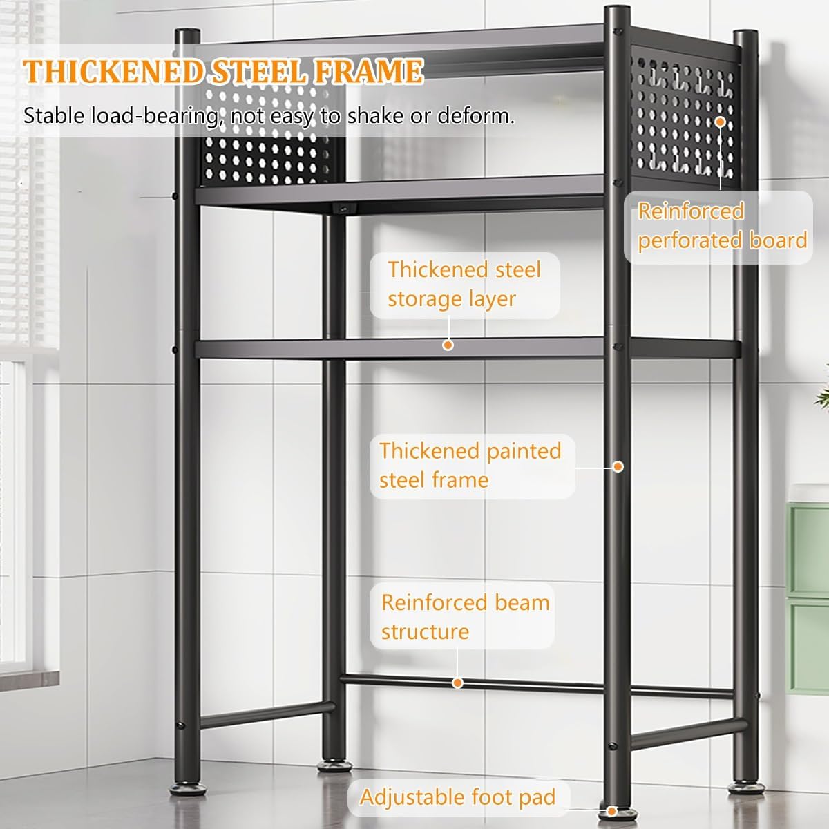 3 Tiers Over Washer and Dryer Shelves, Steel Washer-Dryer Stacking Rack Stand with Wheels, All Steel Laundry Room Organizer Standing Shelf with Perforated Board for Bathrooms, Bedroom, Balcony(Black,7