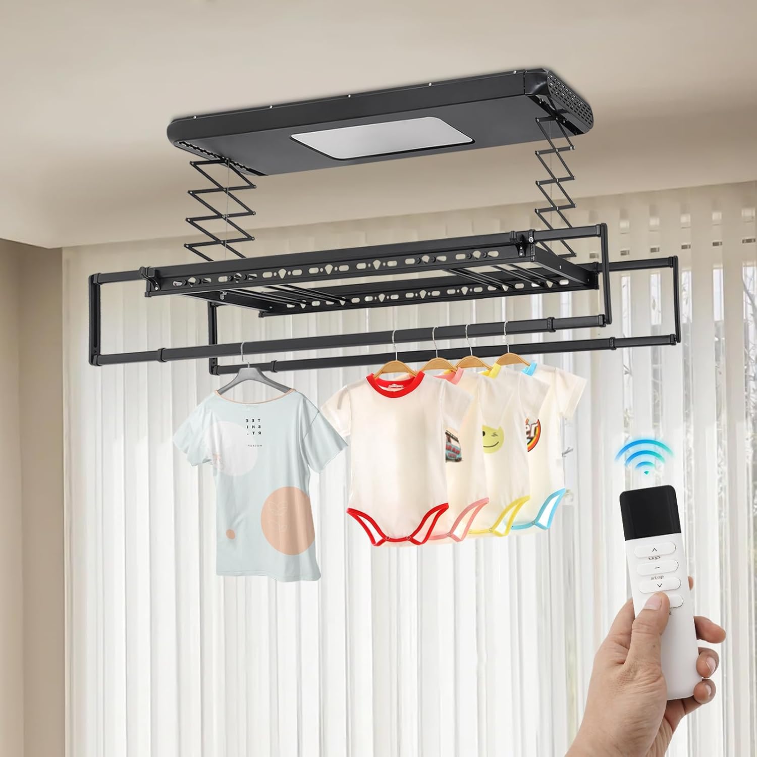 Electric Clothes Airing Rack,Adjustable Ceiling Mounted Smart Control Clothes Airing Rack w/ LED Lighting & 2 Retractable Rods,Vertical Laundry Clothesline w/ 8 Horizontal Rods for Balcony (Black)