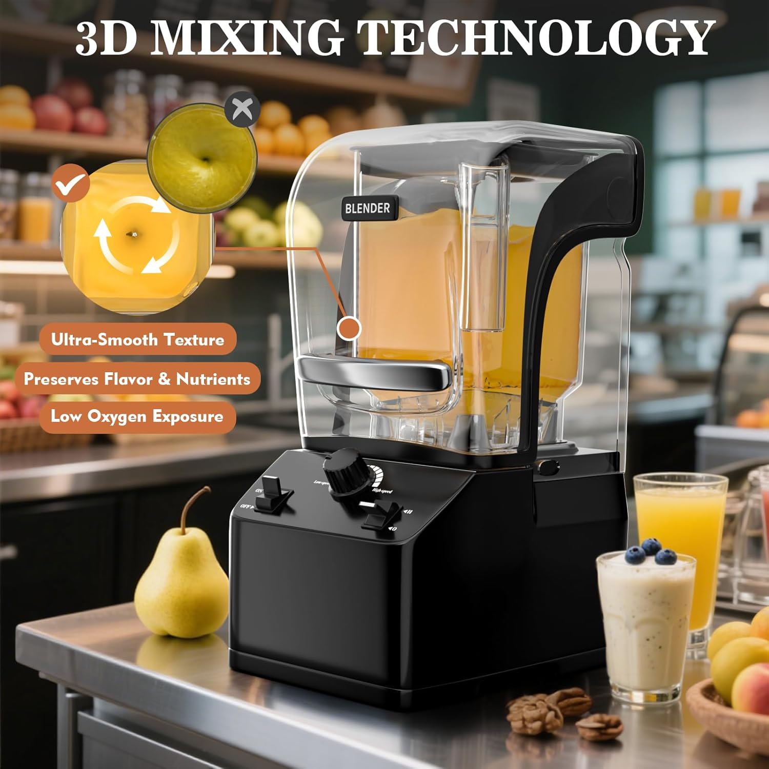Commercial Blender for Smoothies, Professional Blender, High Speed Quiet Countertop Blenders with Sound Enclosure, 70 Oz Pitcher, Self-Cleaning (BLACK)