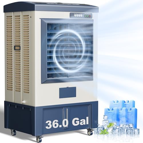 Swamp Cooler,8829 CFM Evaporative Air Cooler,36 Gal Water Tank Outdoor Air Conditioner,3 Speed,Suitable for Indoor & Outdoor Garage,Patio,courtyard,factory workshop,55inch,Blue