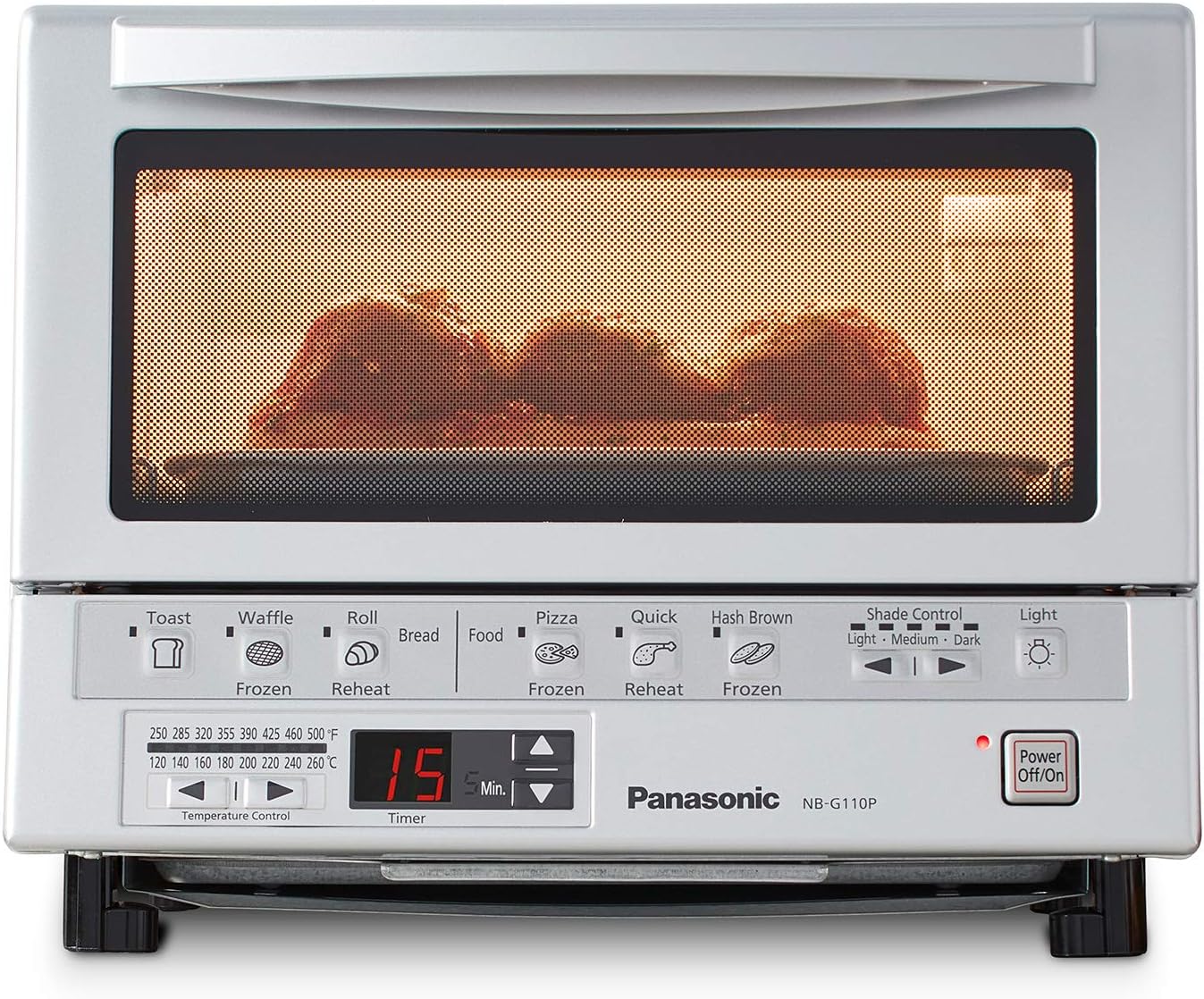 Panasonic FlashXpress Toaster Oven Countertop, 4-Slice Small Toaster Oven Compact Size with Double Infrared Heating, 6 Auto Cook Options and Precise Temperature Control, 1300W - NB-G110P (Silver)