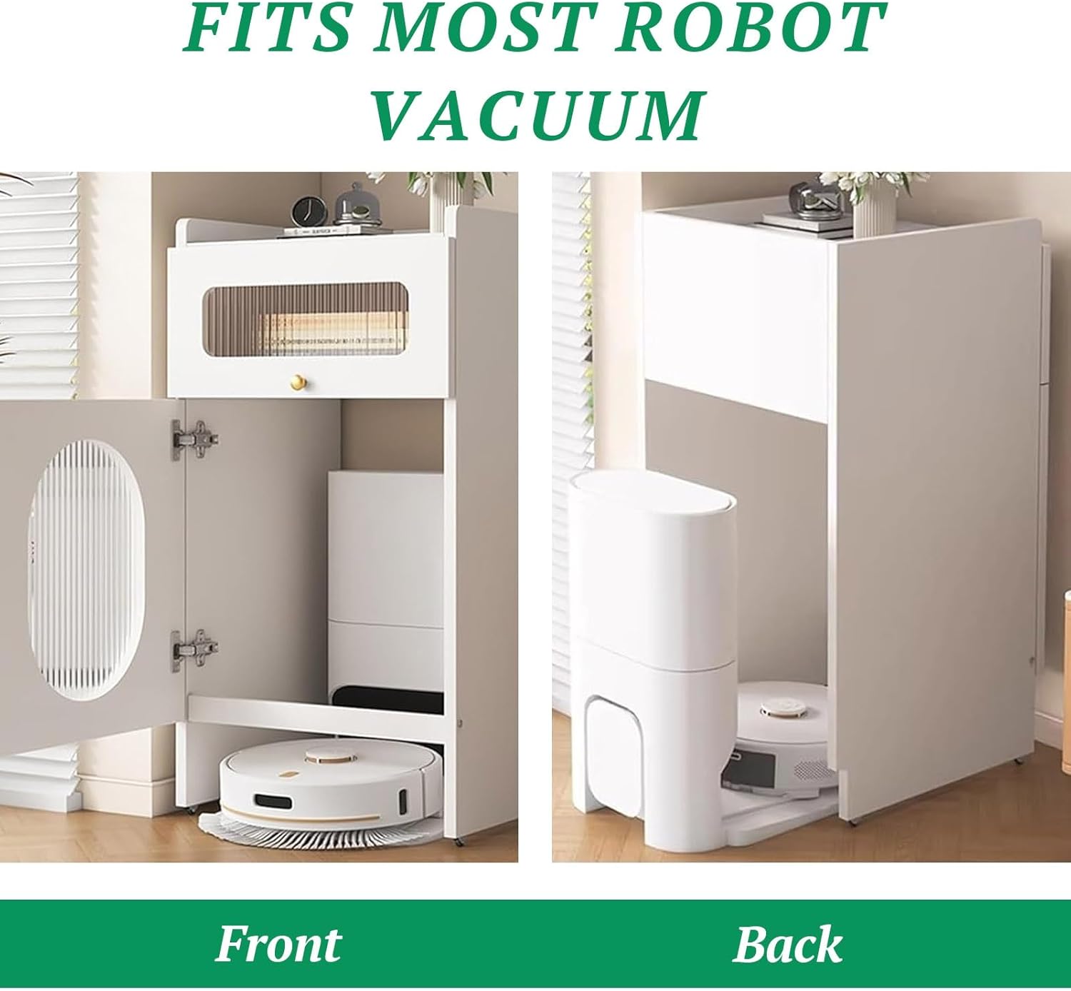 Mobile Storage Cabinet Corner Hidden Robot Vacuum Stand for Self-Emptying Robot Vacuum and Mop Storage Cabinet with Drawers Wood Accent End Table Wheels Home Living Room(Champagne,19.6x15.7x36.6in)