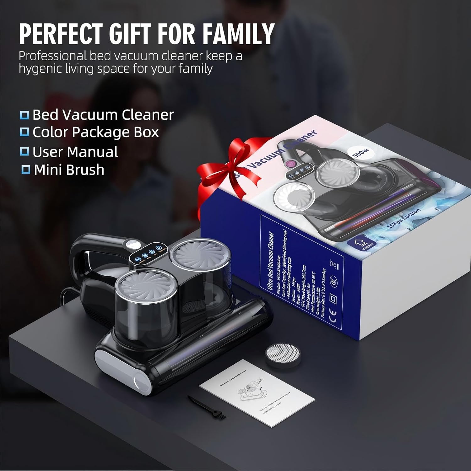 Mattress Vacuum Bed Vacuum Cleaner 16Kpa Suction 253.7nm UV-C Light, 140°F Heated Air, 30000 RPM Brushroll, Ultrasonic, HEPA Filter, Handheld Vacuums for Carpet/Sofa, 500W Corded, (Pitch-Black)