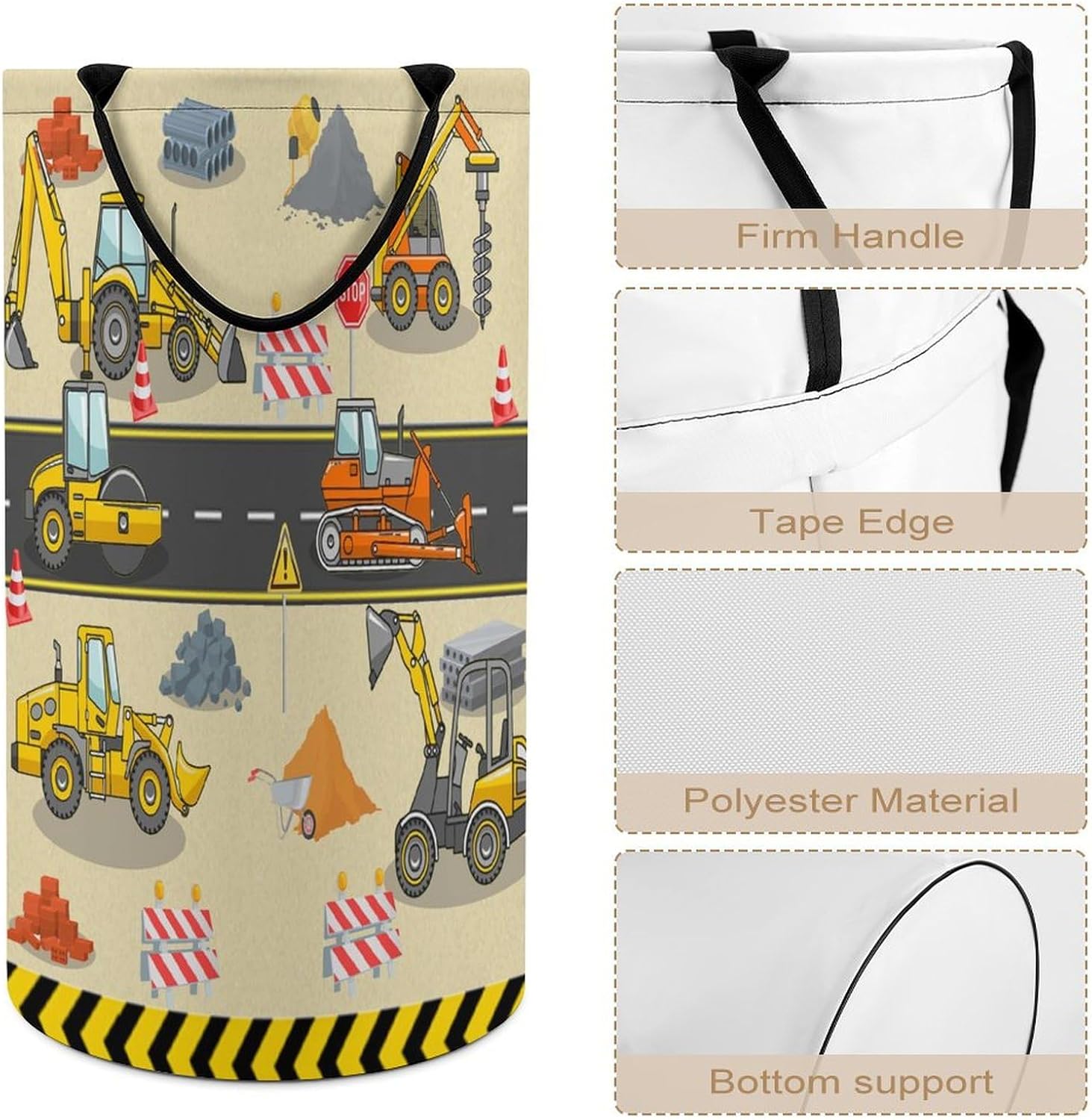 Modern Cartoon Construction Truck Laundry Basket Large Volume,Abstract City Engineering Machine Excavator Bulldozer Prints Dirty Clothes Basket Hampers Storage for Dorm And Family 15.7W