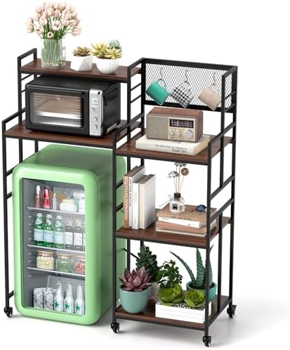 tonchean Mini Fridge Stand with Storage 6-Tier Kitchen Bakers Rack with Wheels Multi-Functional Microwave Oven Stand Table with Height Adjustable Shelves for Kitchen, Living Room, Office