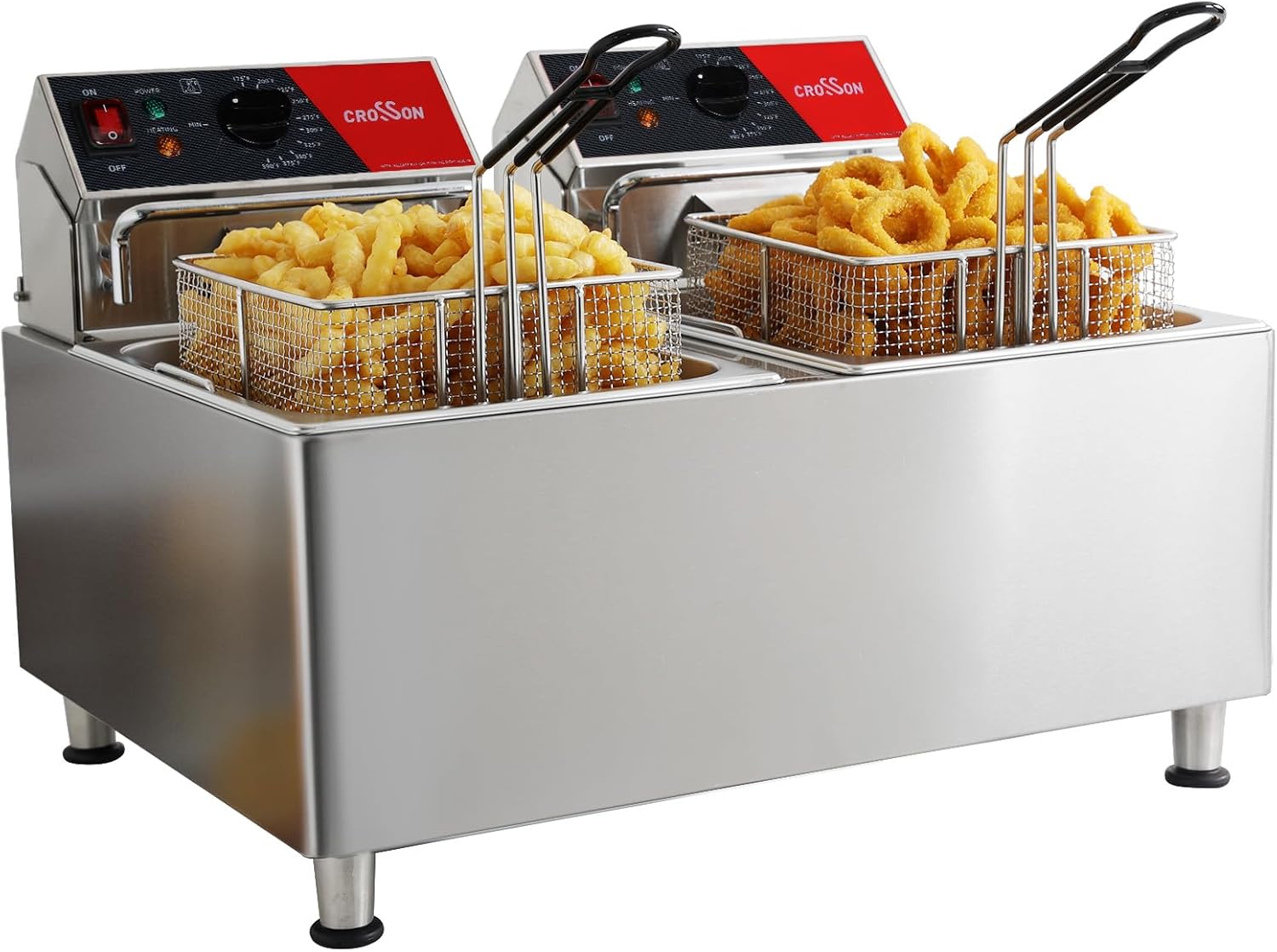 CROSSON ETL Listed 30Lbs Dual Tank Electric Commercial Deep Fryer with Solid Basket,Lid and Height Adjustable Legs for Restaurant Use,8L×2 Commercial Countertop Deep Fryer-120V/3600W(30Amps)