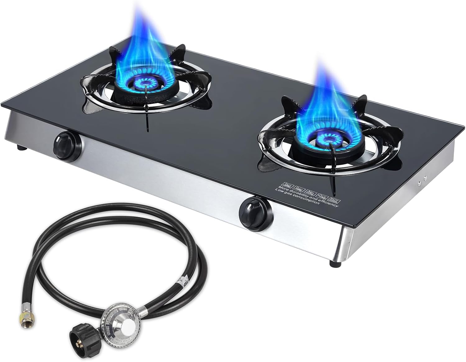 Llamaviva Propane Stove 2 Burner Gas Cooktop, Portable Tempered Glass Double Burner Stove with Auto Ignition, 19K BTU CSA Certified Regulator & Hose(2-Burner Cooktop)