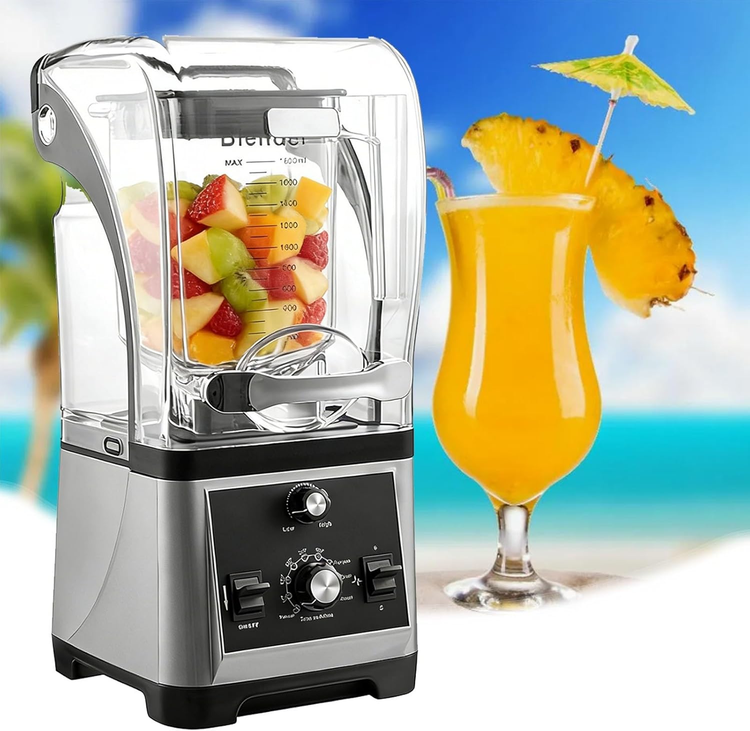 Cold Press Juicer, Commercial Quiet Blender, Soundproof Ice Crushing Blender, 3-Second Quick Ice Crushing with Silent Cover for Puree, Milkshake, Juice, Drink and Ice.(Gray)