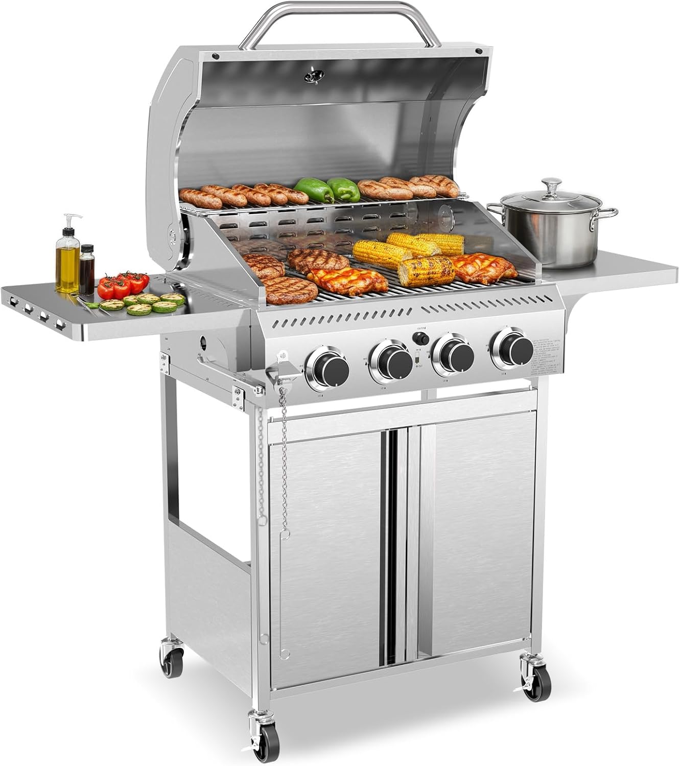 WAA Grill 4-Burner Portable Gas BBQ Grill,32000 BTU Outside Stainless Steel Heavy-Duty Cabinet Propane Grill for Outdoor Cooking Camping Park Balcony