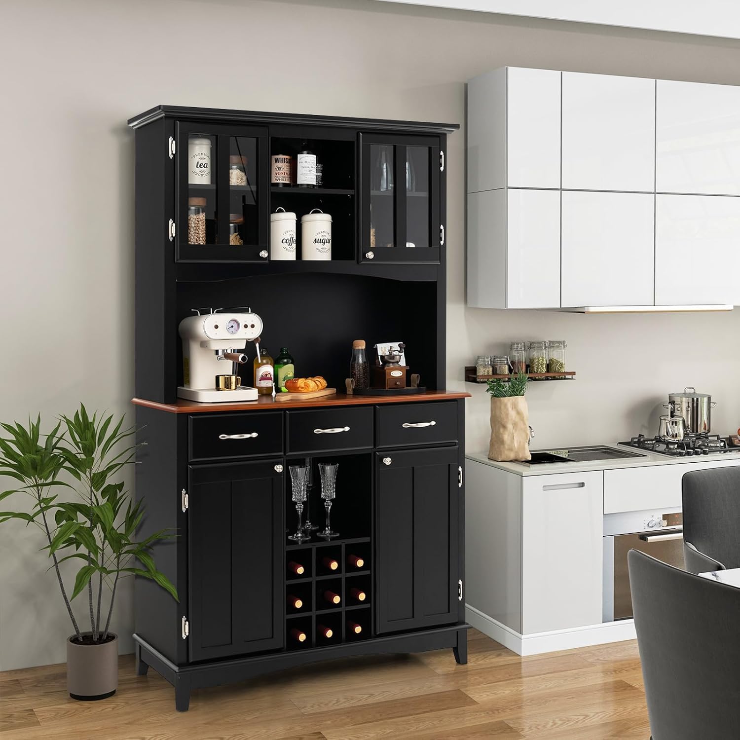 72.5” Buffet with Hutch, Freestanding Pantry Storage Cabinet with Drawers, Adjustable Shelves, Wine Grids, Microwave Countertop, Kitchen Cupboard for Dining Room, Living Room (Black)