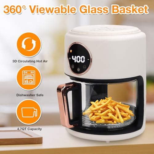 4.7QT Glass Air Fryer, 360° Viewable Glass Air Fryer Non Toxic, 6-IN-1 Preset Cook Modes, Digital Display, Adjustable Temp 100F - 400F, Nonstick, Dishwasher Safe, White