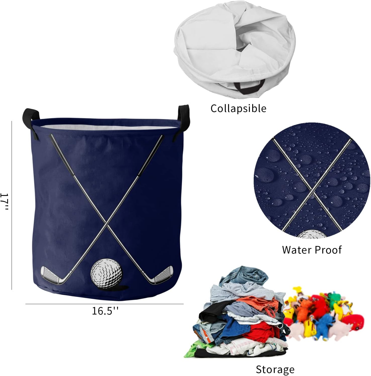 Oxford Cloth Large Laundry Baskets - Foldable Laundry Hamper Waterproof Washing Basket Art Minimalist Golf Theme Round Collapsible Storage Bin for Toys/Clothes/Blankets 16.5x17 Inch
