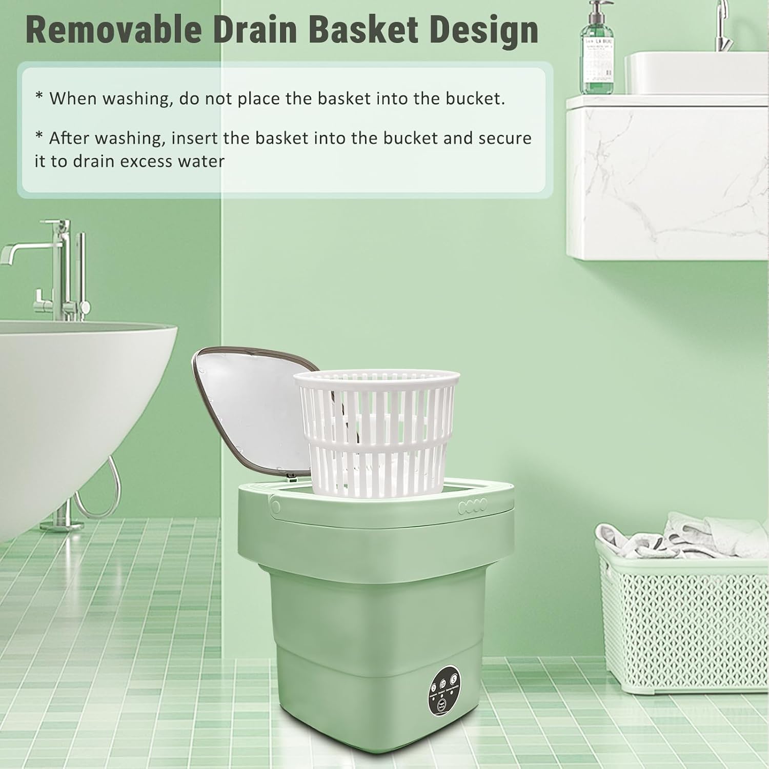 Portable Washing Machine, Foldable Personal Washer w/Integrated Drain Pipe and Spin Basket for Light Clothes, 3 Cleaning Modes, Blue Light Collapsible Laundry for Travel, Apartment, RV, Baby Clothes