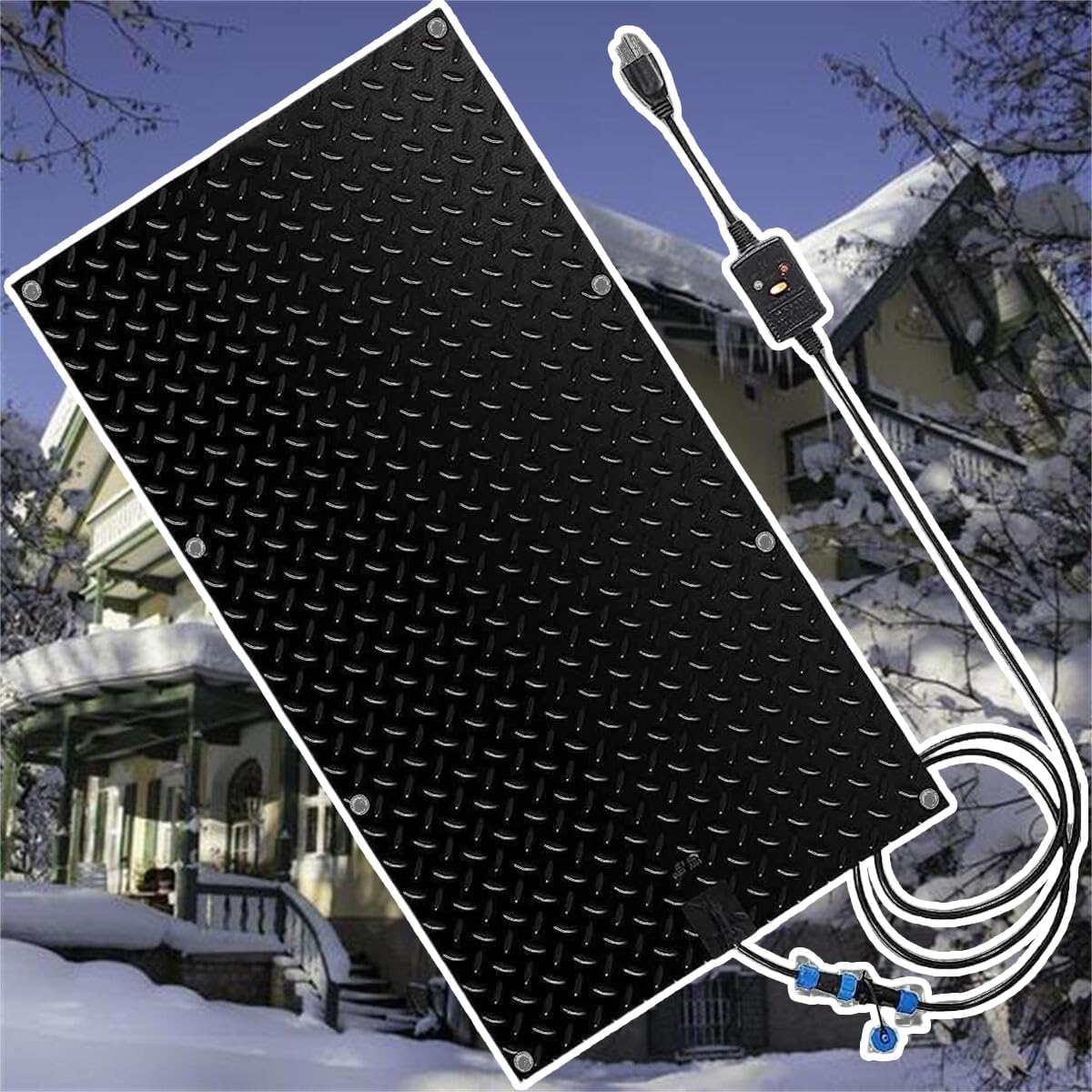 Heated Snow Melting Mats Outdoor Slip Proof Ice Heated Rubber Mat for Driveway Walkway Decks and Sidewalks Connection with 9.84 ft Power Cord for Winter Stairs(1 Pcs,10x48in/(25.4x121.9 cm))