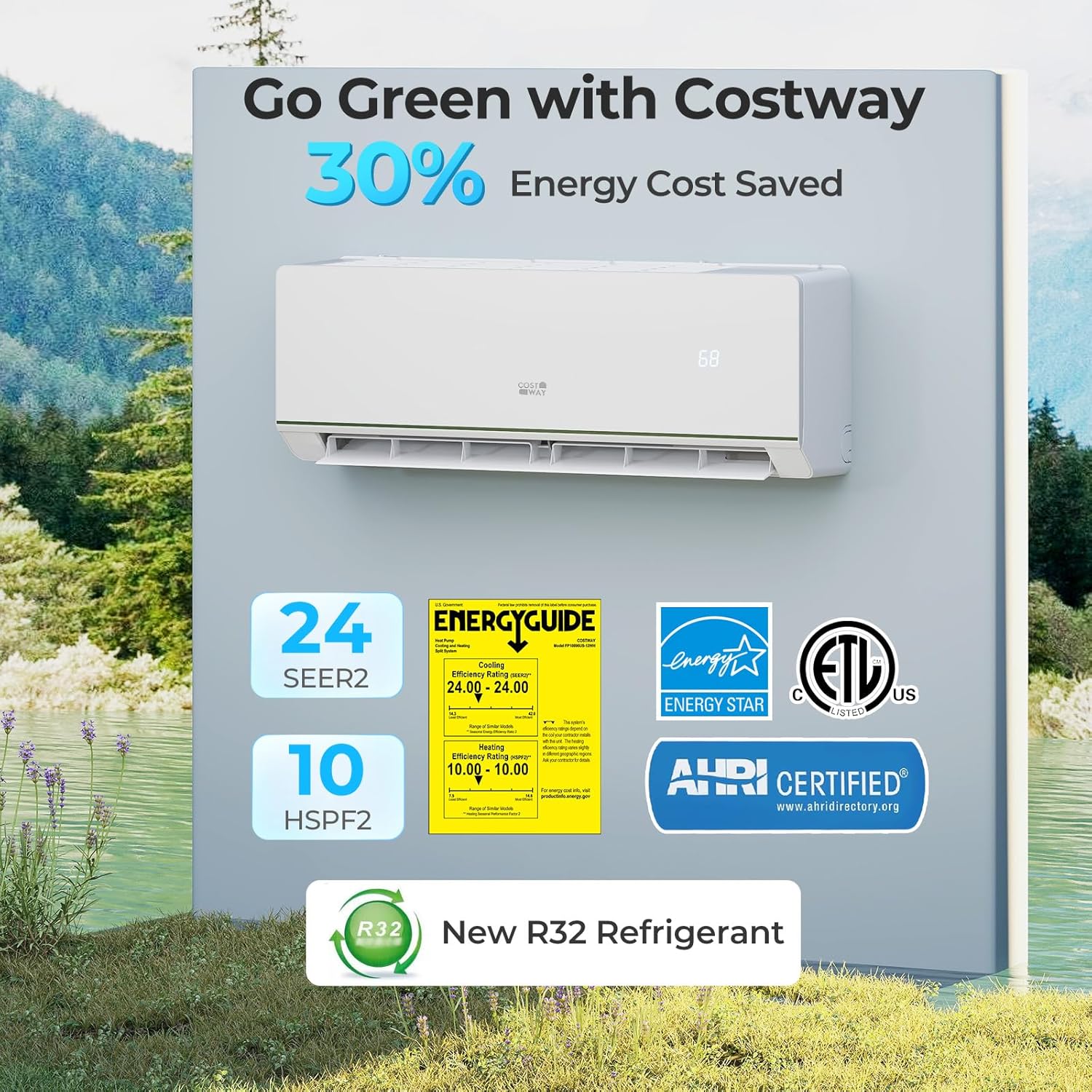 COSTWAY 12000 BTU Mini Split Air Conditioner & Heater, 208-230V WiFi Enabled 24 SEER2 Ductless Inverter AC Unit, Works w/Alexa, Cools Rooms Up to 750 Sq.Ft