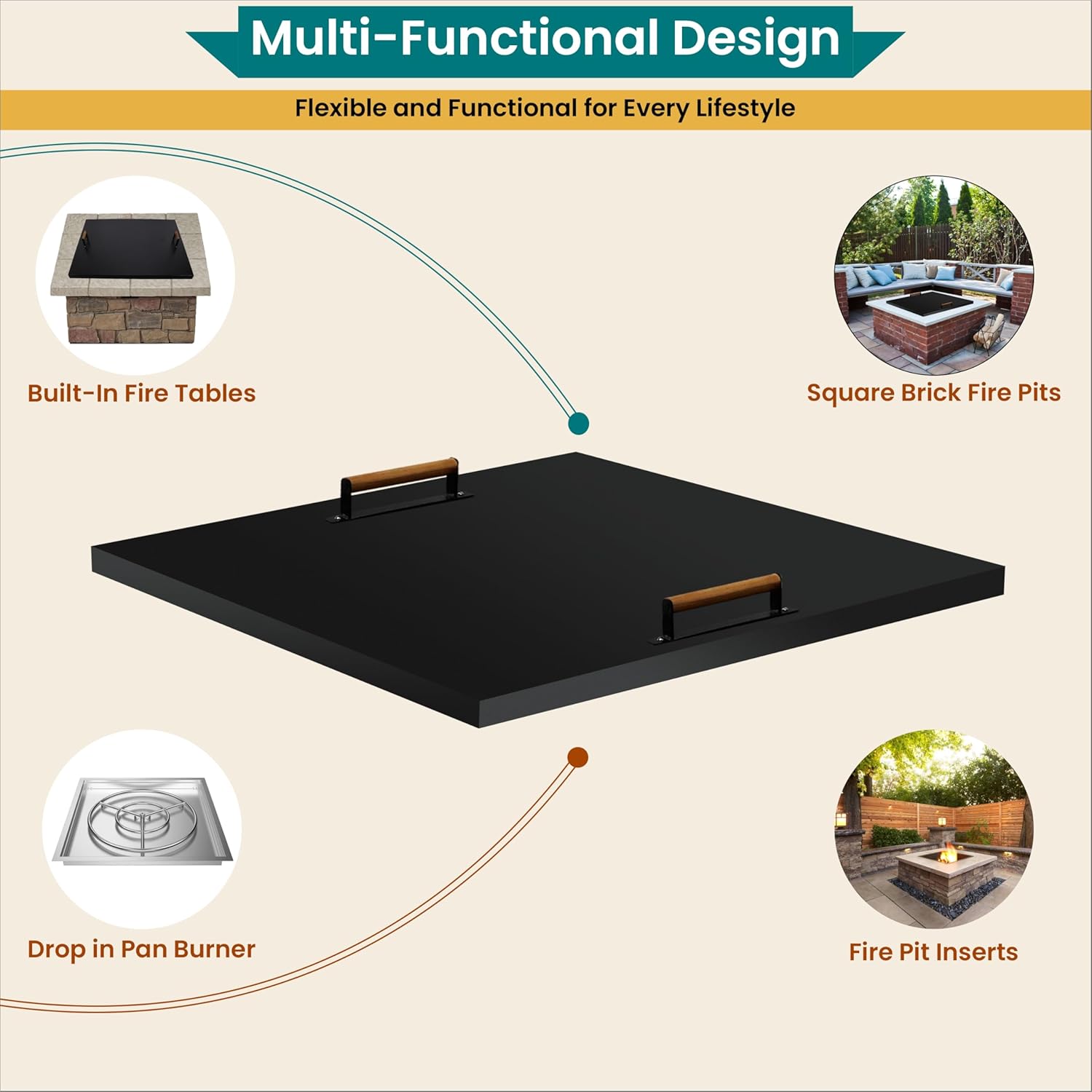 FEBTECH- fire Pit Insert Square lid - 42 x 42 Inch - Linear Drop-in Burner Pan - firePit lid - 1.5 mm Thick Fire Pit Lid for Square Firepit Insert…