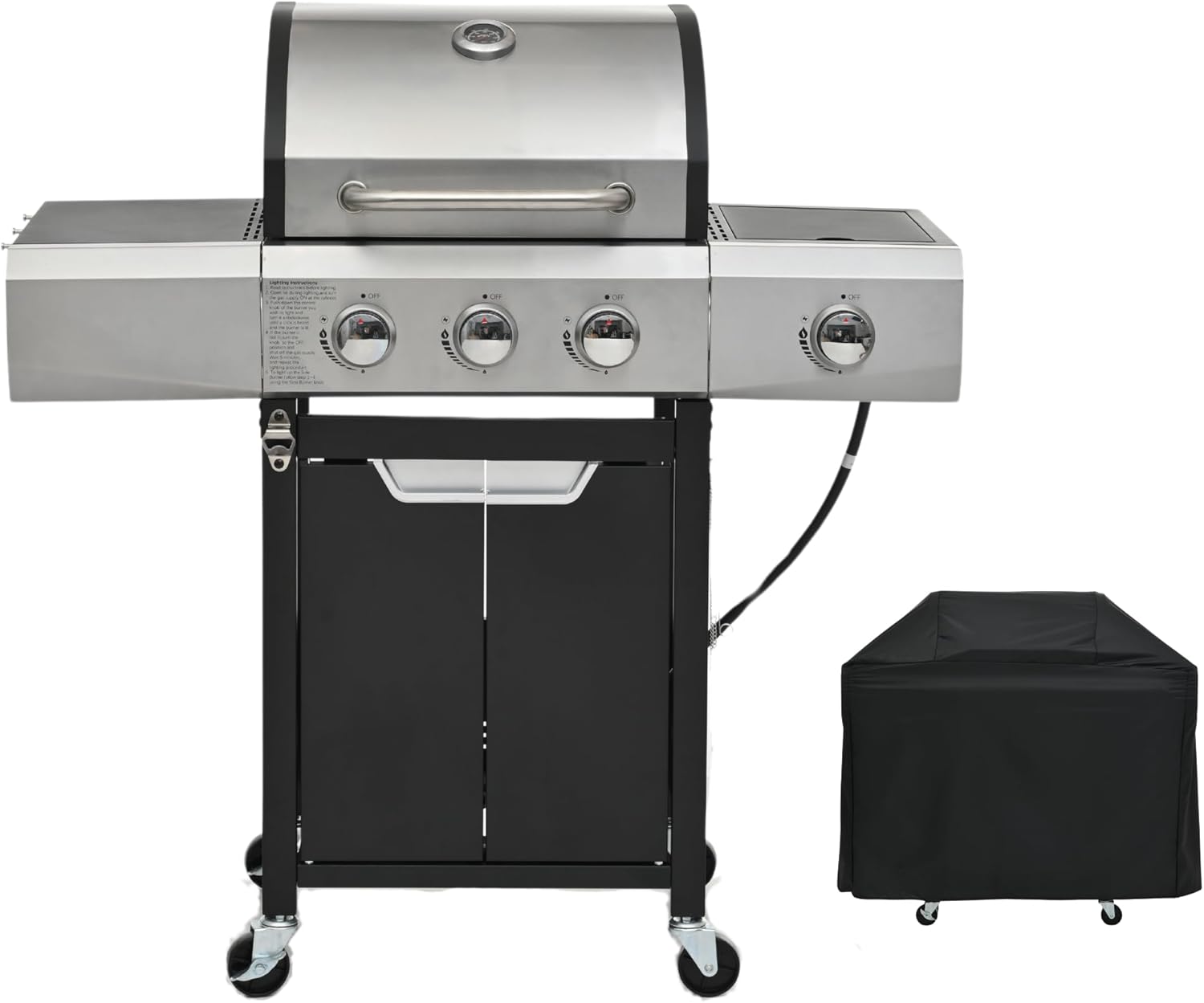 Propane Grill with Side Burner and Temperature Gauge - Stainless Steel Gas Grill with 3 Heads and 430 Thickness - Outdoor Cooking Grill with Electronic Ignition System and Protective Cover