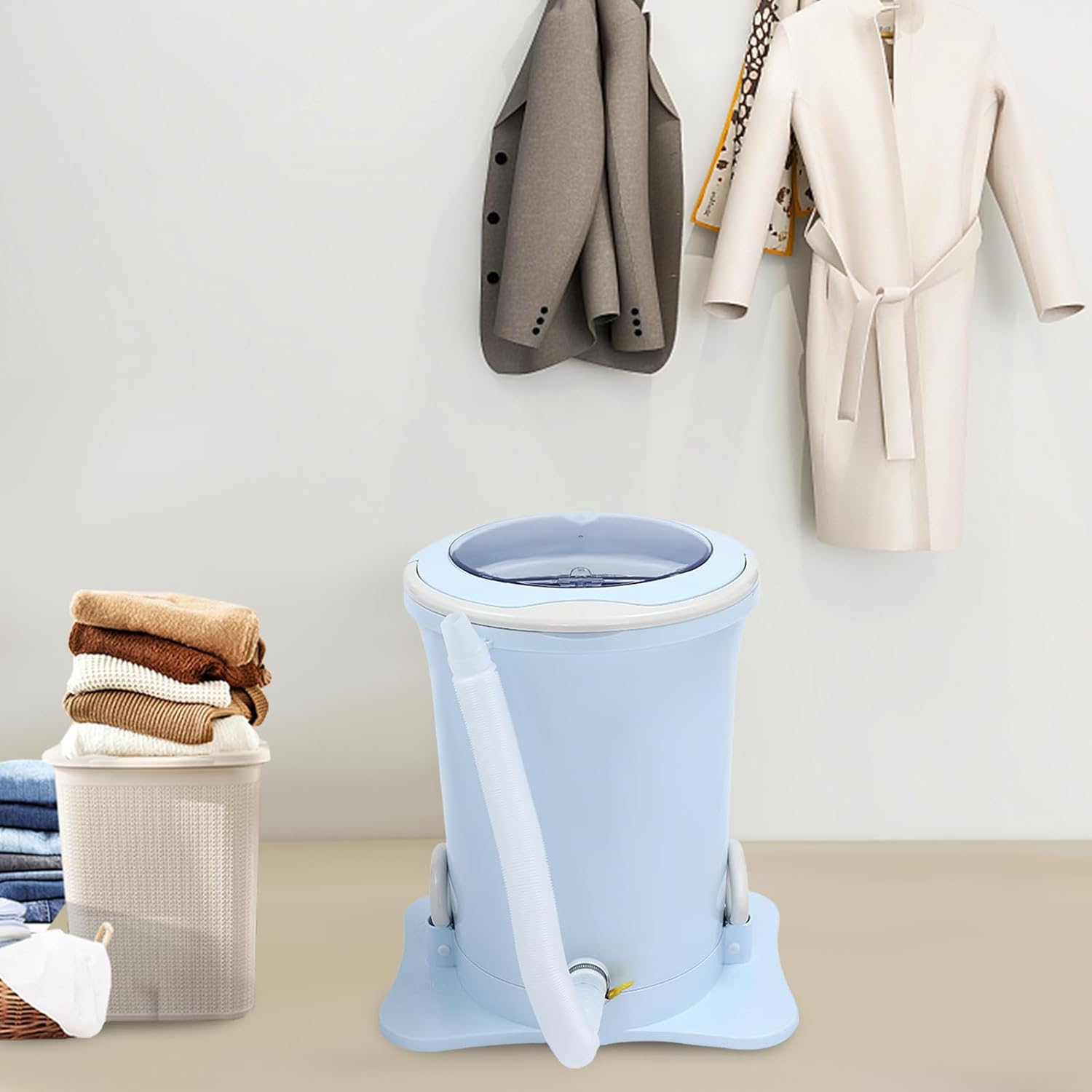 Manual Clothes Dehydrator 12L/3.17Gal Portable Mini Dryer Compact Spinner, Non-Electric Laundry Washing Machine with Drain Hole & Wide Pedal for Camping Traveling School Hotel (Blue)