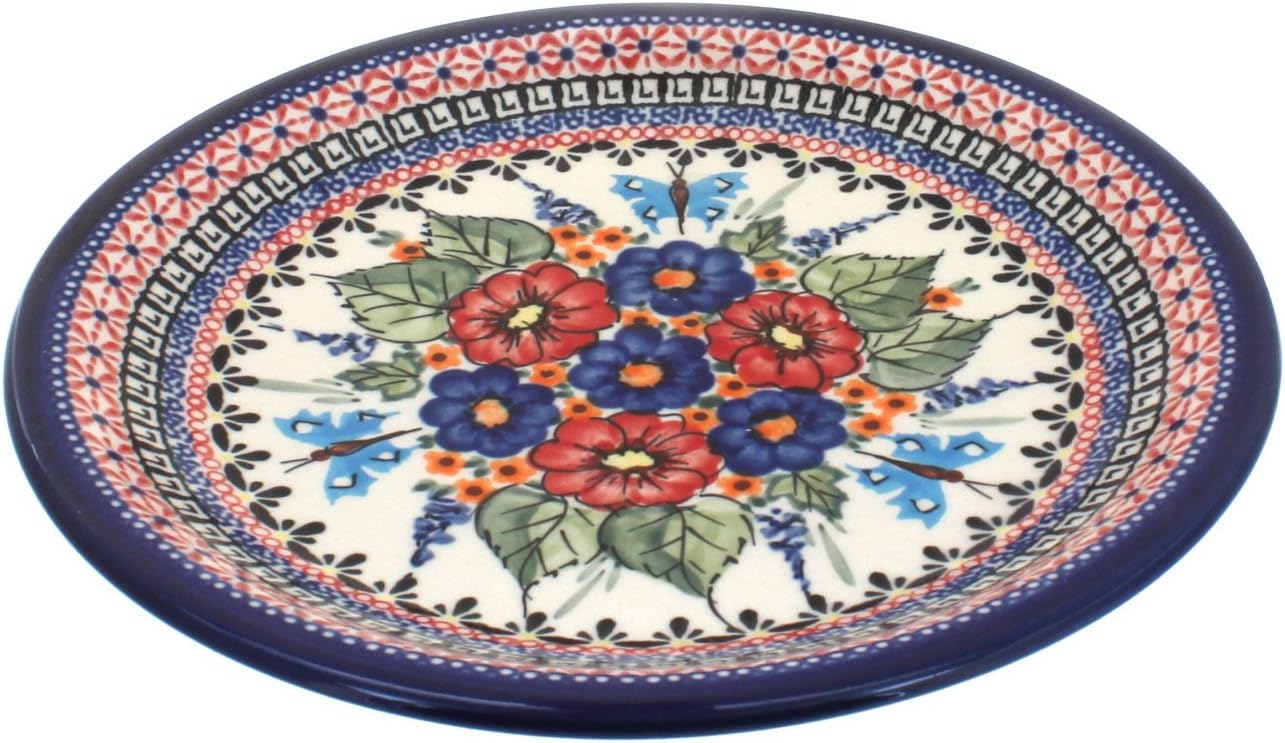 Blue Rose Polish Pottery - Red Floral Butterfly Small Dinner Plate - 9.5