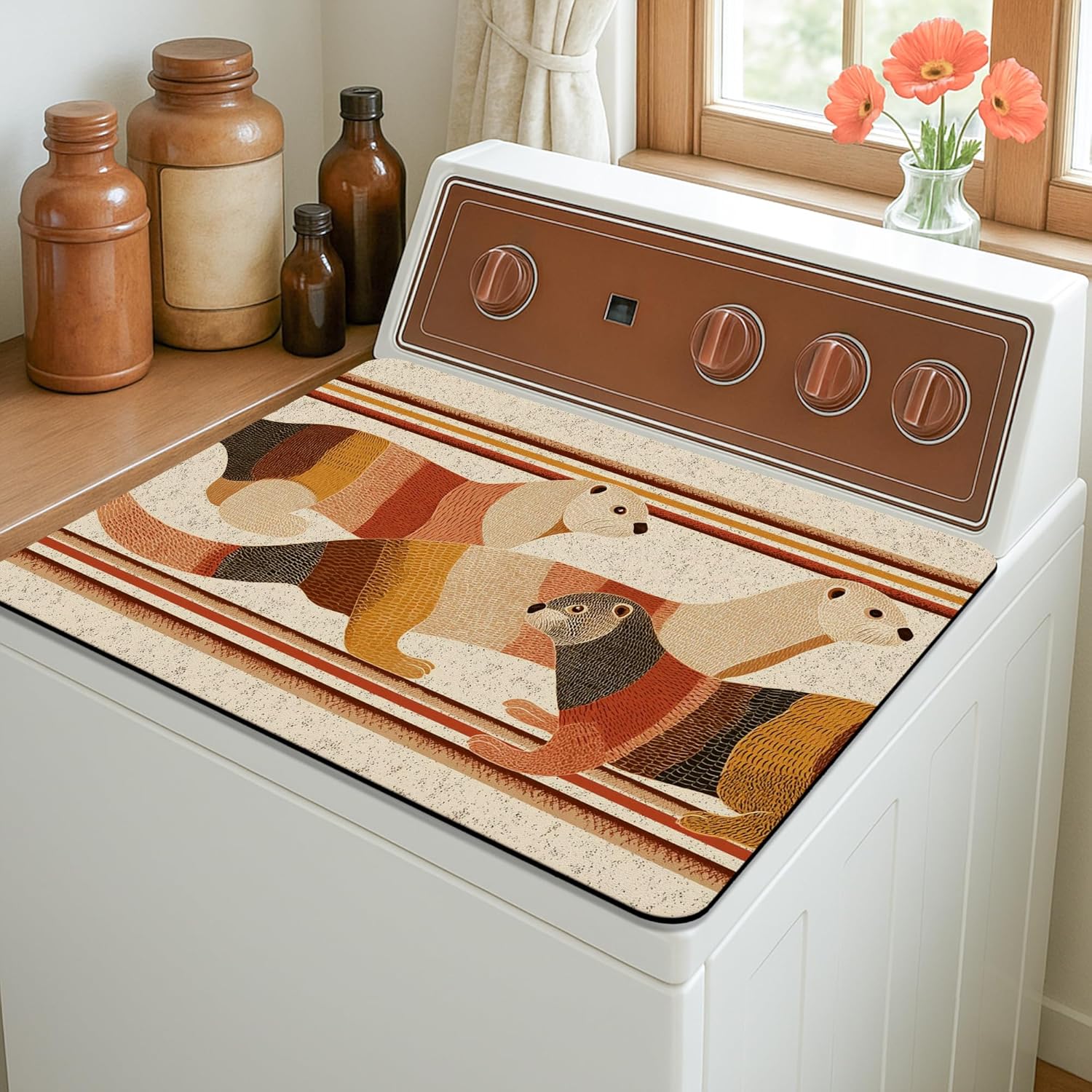 Otter Washer Dryer Top Protector Mat, Rustic Animal Patterns Laundry Machine Dust Covers, Vintage Rubber Anti-slip Waterproof Washer And Dryer Mats for Laundry Room 20x24 Inch