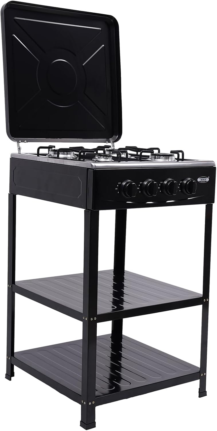 4-Burner Gas Stove,with Support Leg Bracket Portable Cooker Bbq Grill Camping Stove Windshelter,With 2 Storage Shelves,Outdoor Stove Propane for Cafeteria, Apartment, Outdoor Cooking