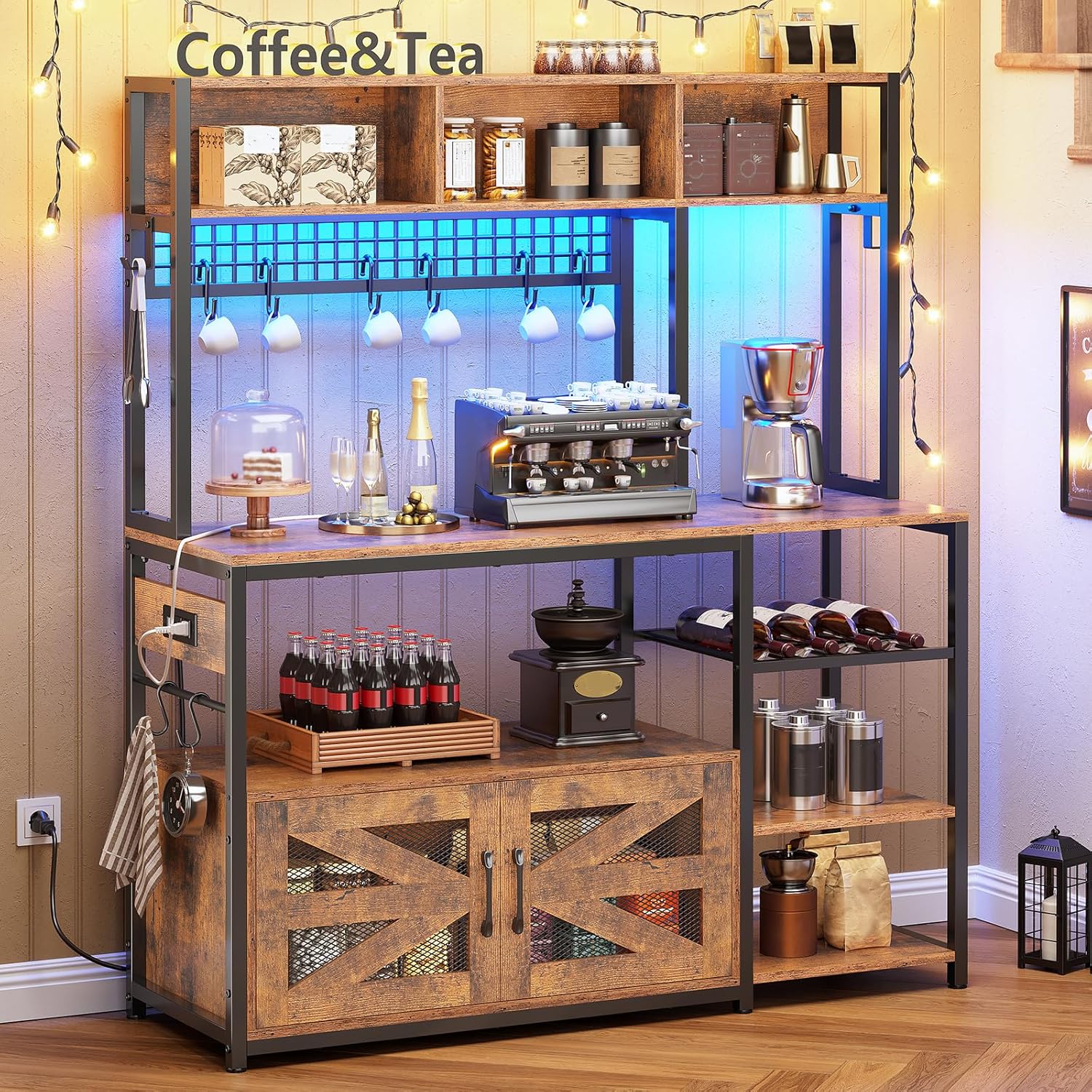 Itaar 47.2 Inch Bakers Rack with Power Outlet, Microwave Stand with Storage, Farmhouse Coffee Bar Cabinet Station with Wine Rack, Iron Mesh and 8-S Hooks (Rustic Brown)