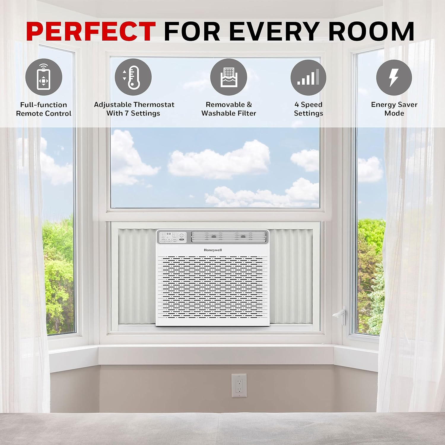 Honeywell 10,000 BTU Digital Window Air Conditioner, Remote, LED Display, 4 Modes, Eco, 450 sq ft Coverage